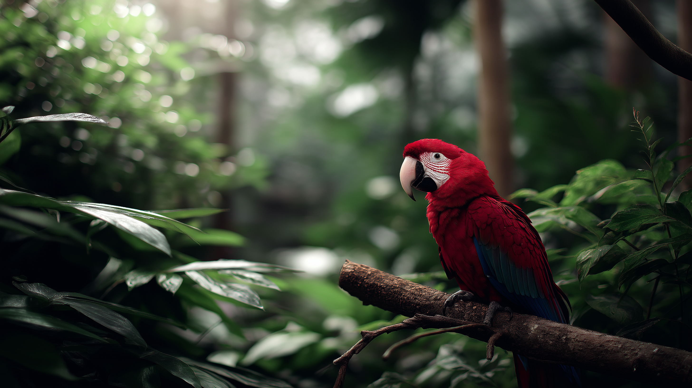 Macaw 桌布 壁紙 — 一隻鮮紅色的金剛鸚鵡，帶有藍色翅膀羽毛，棲息在枝頭上，周圍是茂密的綠色叢林葉子，背景柔和散景。