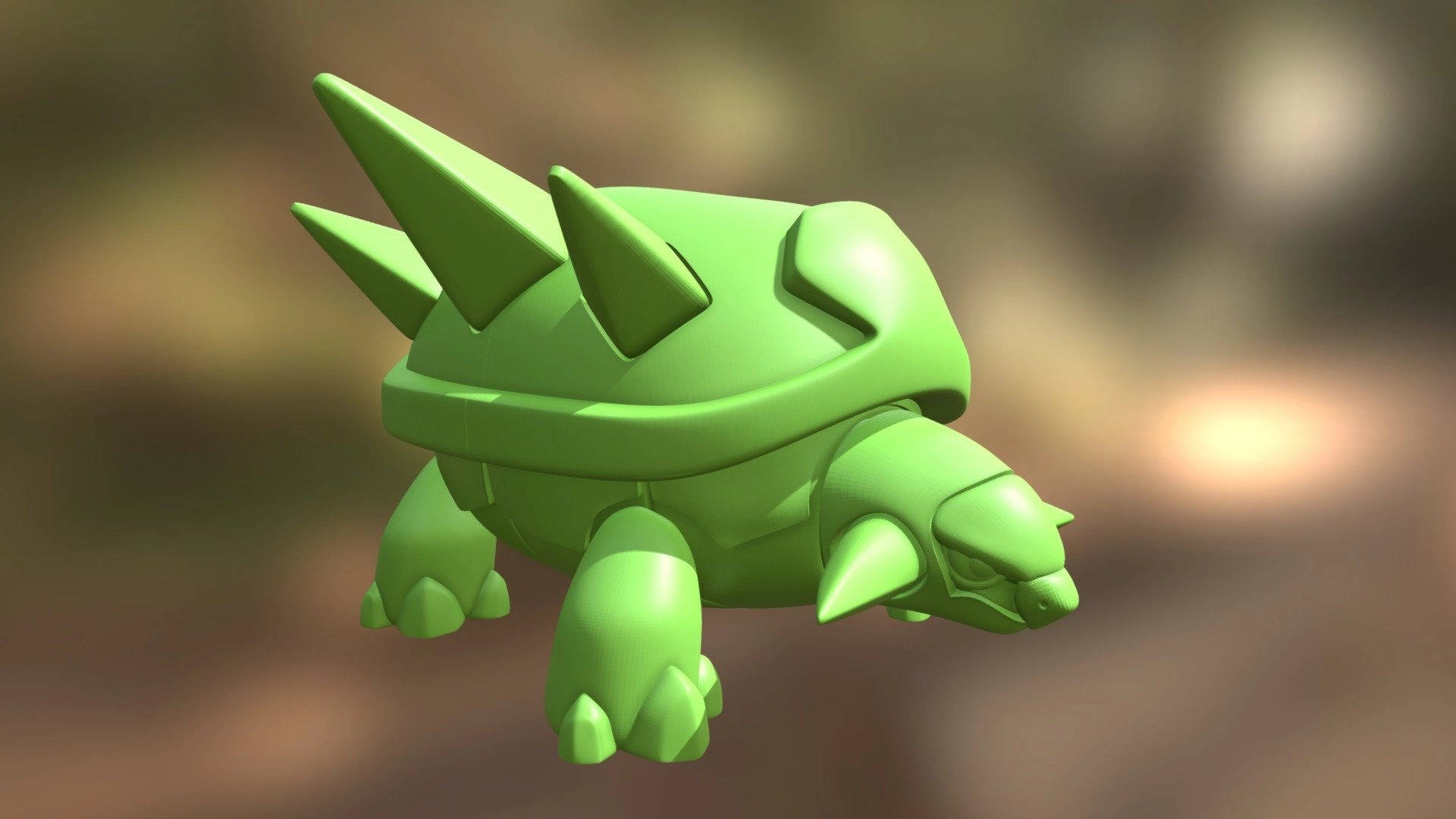 遊戲 桌布 壁紙 — 一隻鮮綠色3D渲染的帶刺龜狀生物漂浮在模糊的土色背景上。