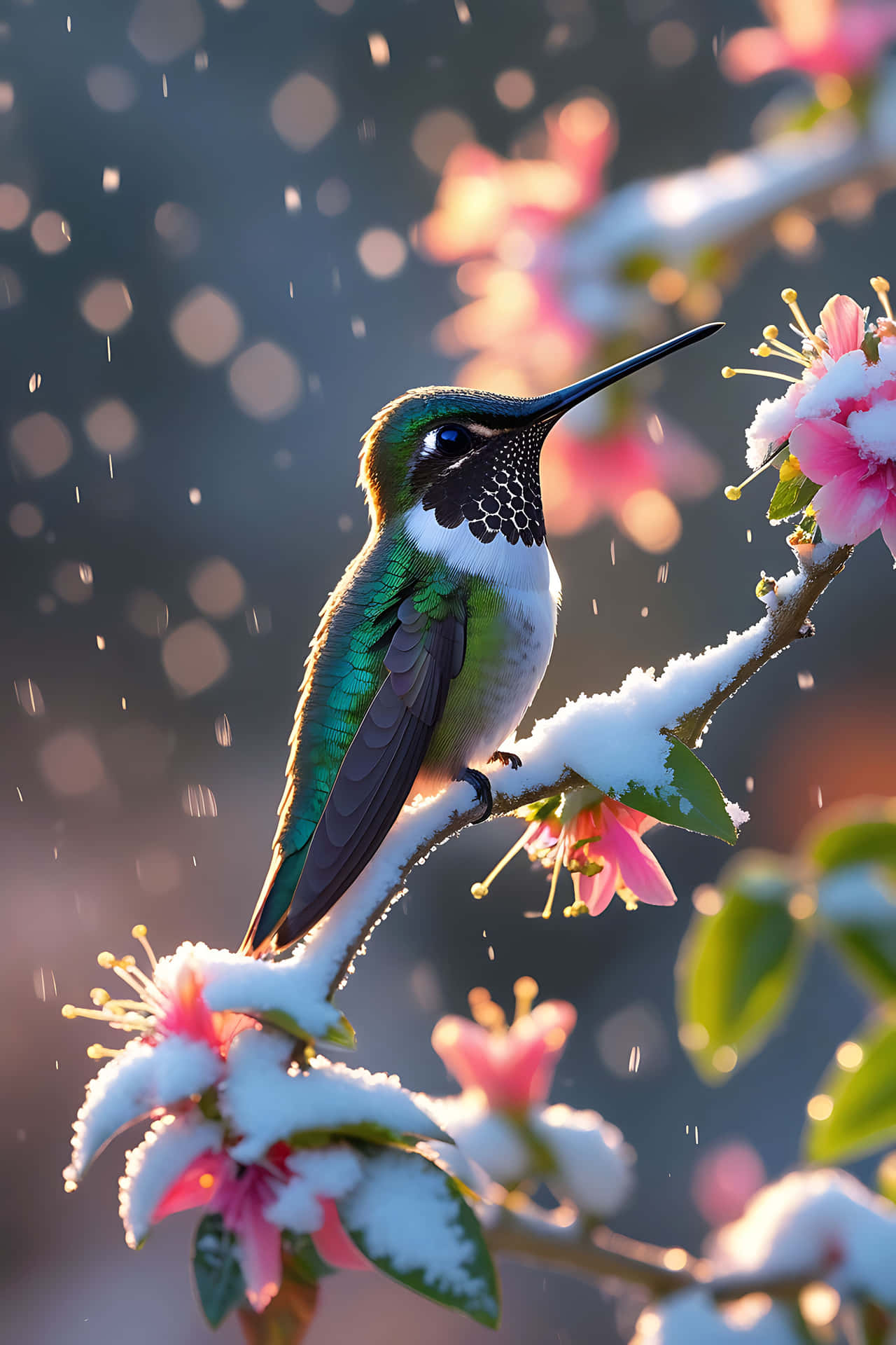 Hummingbird perched on snowy blossom 壁紙 — 一隻鮮綠色的蜂鳥棲息在灑滿雪的樹枝上，枝頭有粉紅色的花朵，雪花輕輕飄落。