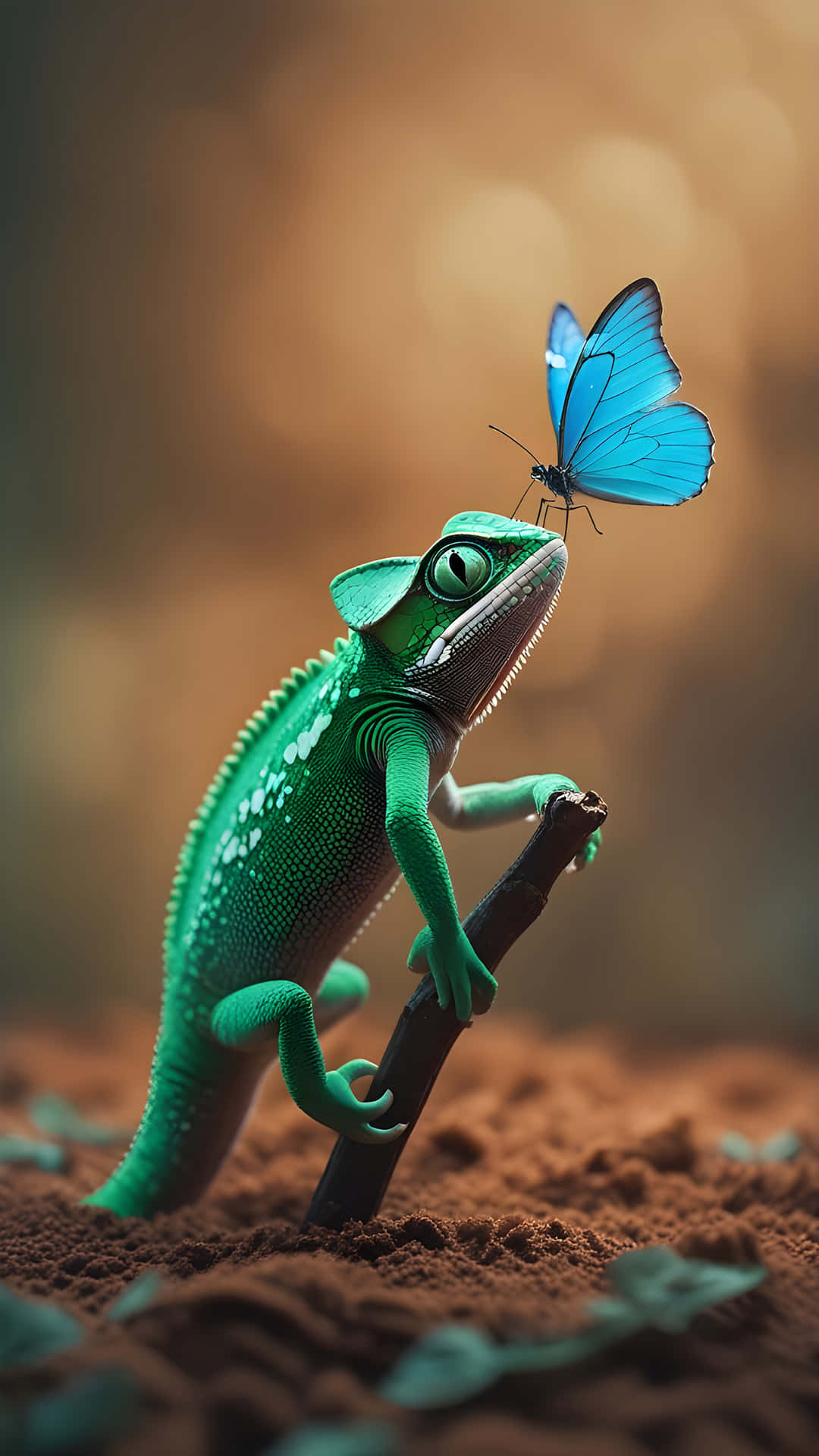Chameleon and Butterfly in Dreamy Forest Light 壁紙 — 一隻鮮綠色的變色龍棲息在樹枝上，一隻亮藍色的蝴蝶輕輕落在牠的鼻子上，背景是溫暖模糊的泥土色。
