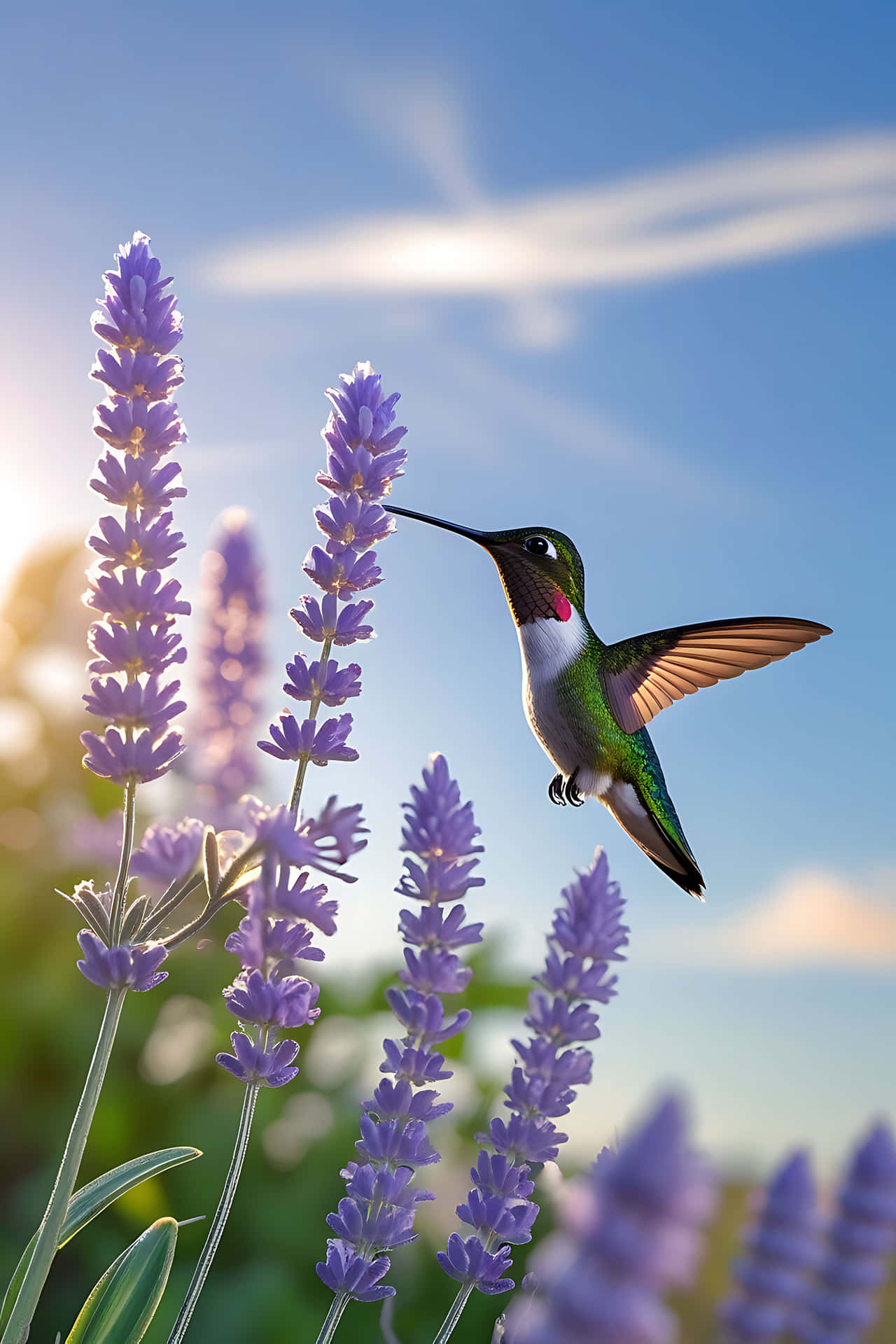 Hummingbird feeding on purple flowers 壁紙 — 一隻鮮綠色蜂鳥在紫色薰衣草穗附近盤旋，背景是帶有太陽眩光的明亮藍天。