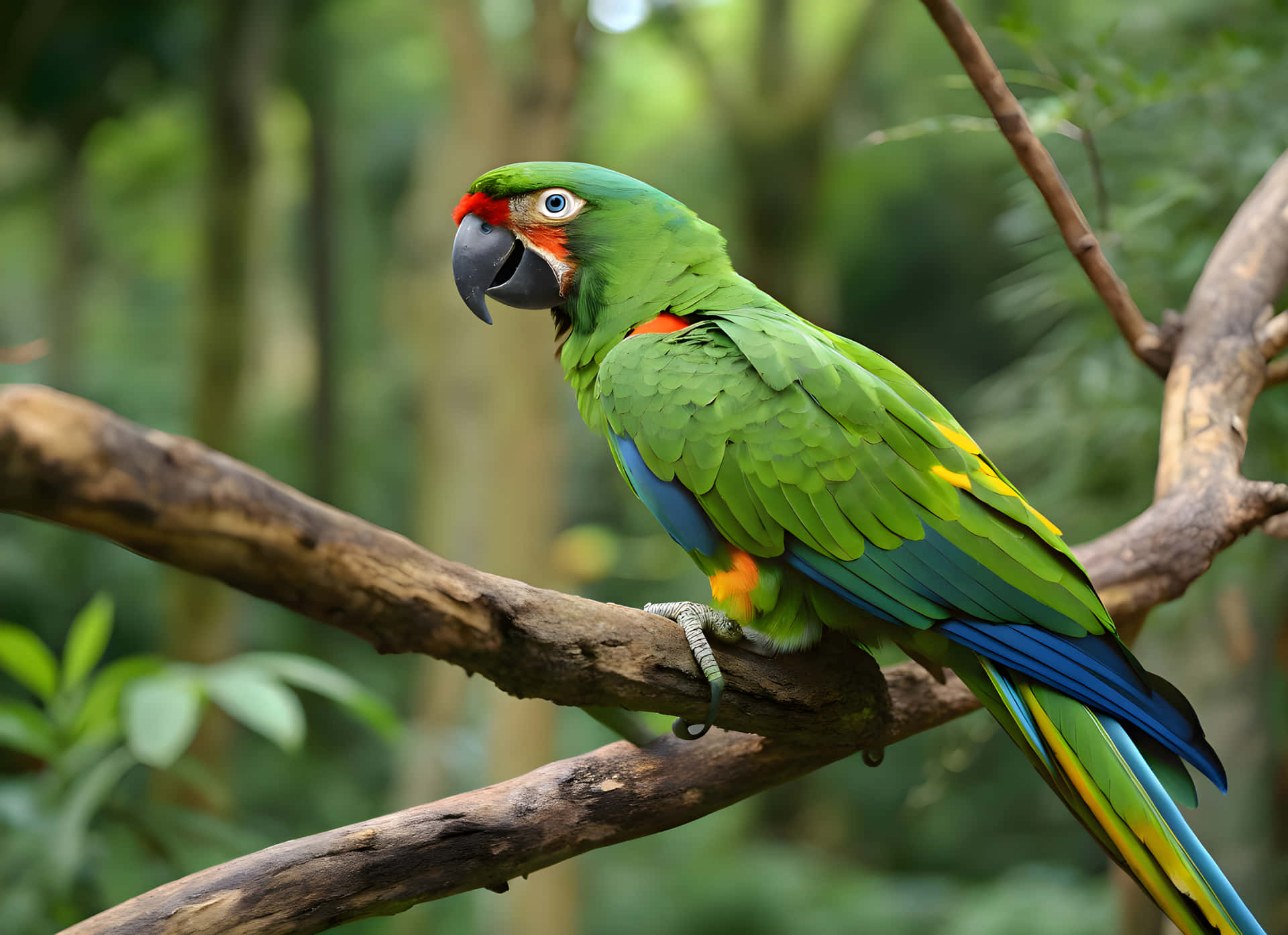 A parrot set in the tree 壁紙 — 一隻鮮綠色金剛鸚鵡，紅色前額、藍色翅膀和黃色尾羽，棲息在茂密森林的粗樹枝上。