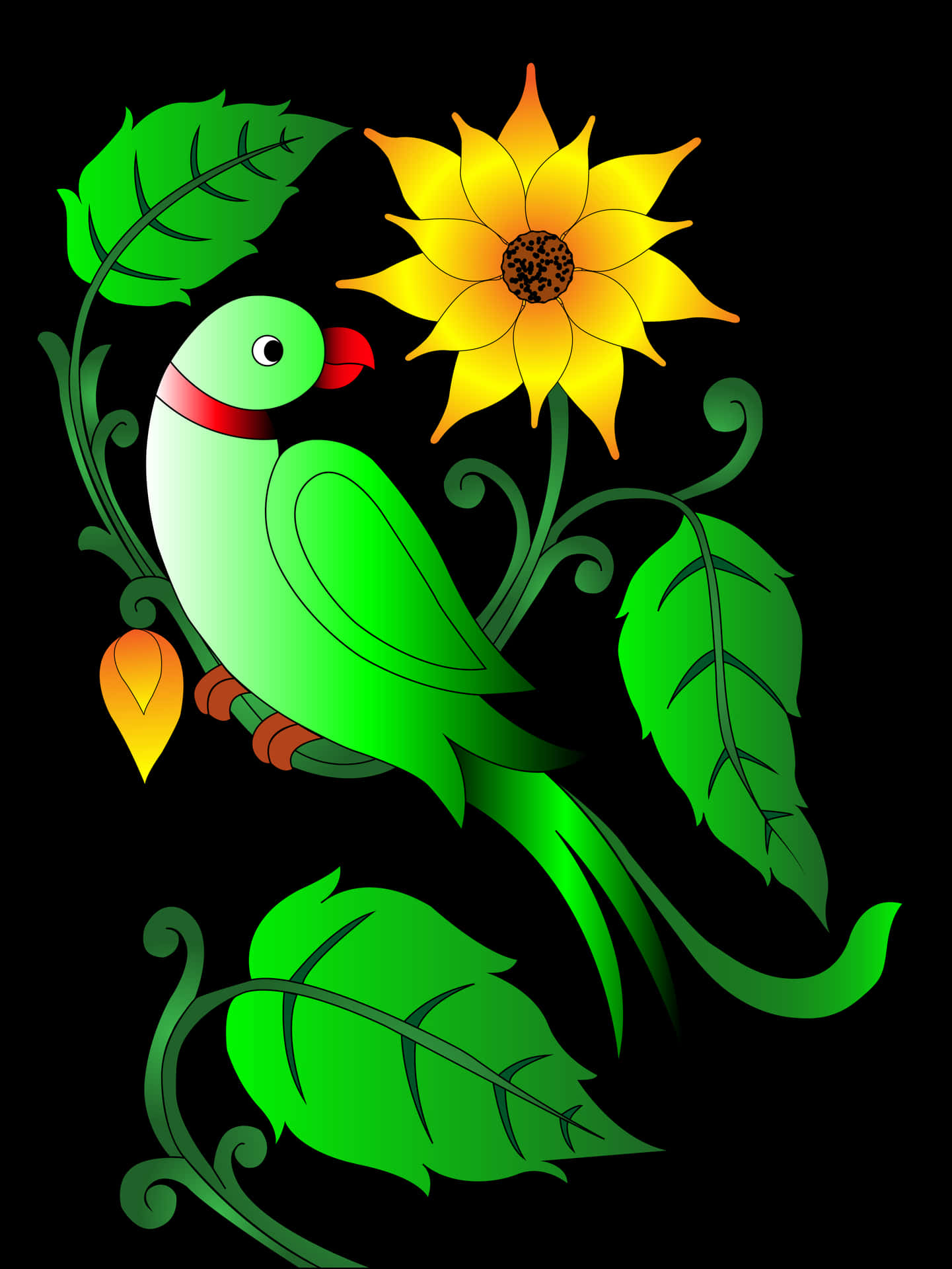 Parrot 壁紙 — 一隻鮮綠色鸚鵡，紅色的喙和頸圈，棲息在藤蔓上，旁邊是一朵明亮的黃色向日葵，背景為黑色。