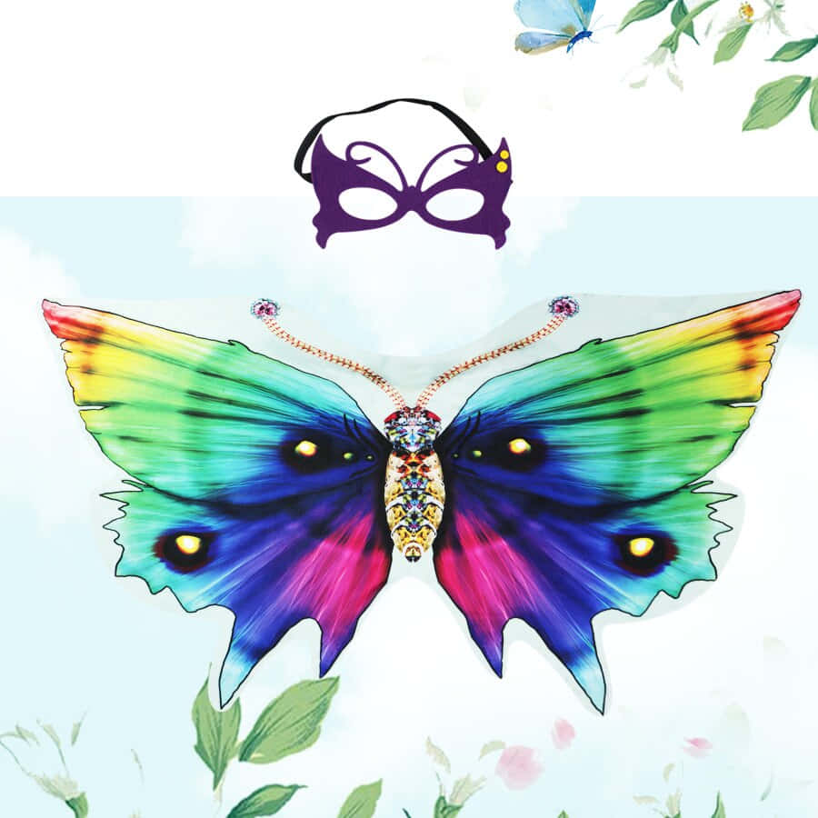 Butterfly Wing Dress 桌布 壁紙 — 一隻鮮豔的彩虹蝴蝶，帶有寶石裝飾的身體和觸角，漂浮在紫色化妝舞會面具上方，背景是柔和的天空和花卉點綴。