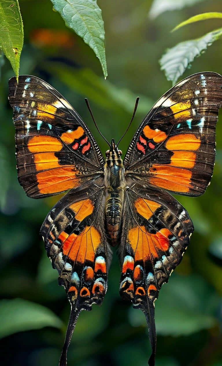 butterfly 壁紙 — 一隻鮮豔的橙色、黑色和藍色蝴蝶，帶有長尾狀的後翅，棲息在一片葉子上，背景是模糊的綠色樹葉。