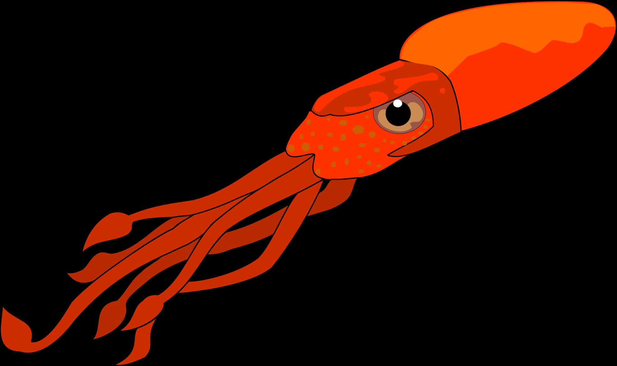 Giant Squid 桌布 壁紙 — 一隻鮮豔的橙色卡通魷魚，有大眼睛，在純黑色背景上滑行。