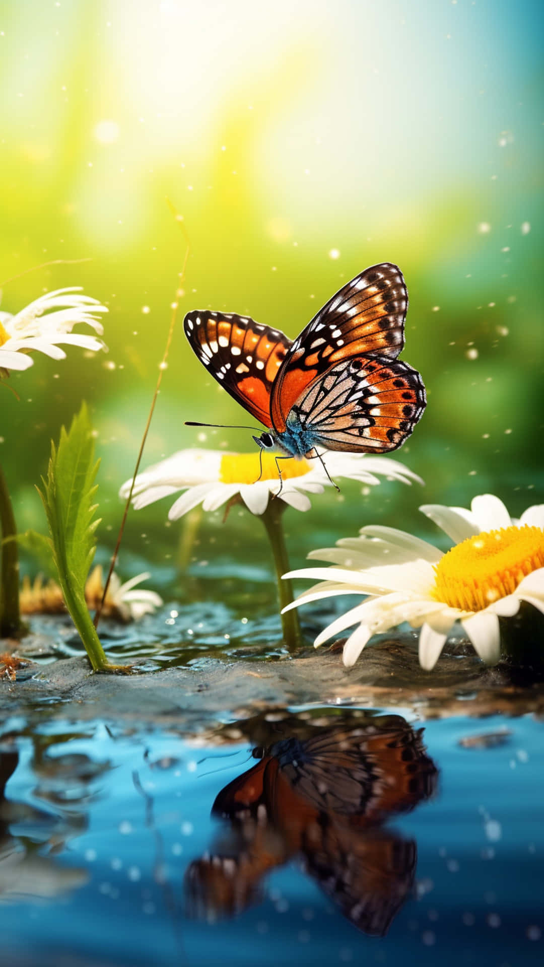 butterfly on a flower 壁紙 — 一隻鮮豔的橙色和黑色蝴蝶棲息在一朵白色雛菊上，雛菊有黃色花心，它的倒影在漣漪的藍色水面上閃爍，在明亮的陽光天空下。