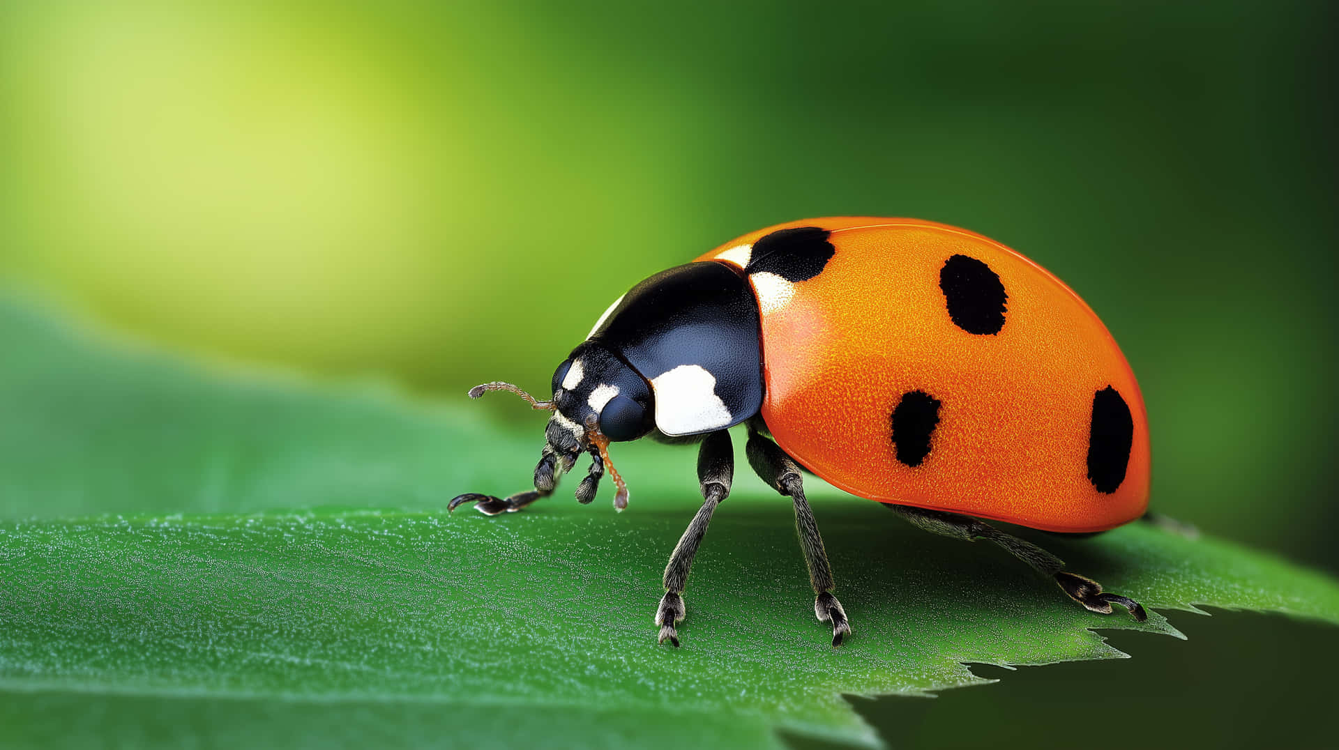 Detailed Ladybug on Leaf with Soft Bokeh Background Light 壁紙 — 一隻鮮豔的橙色瓢蟲帶有黑色斑點，在帶有露水的綠色葉子上爬行，背景是柔和模糊的綠色。