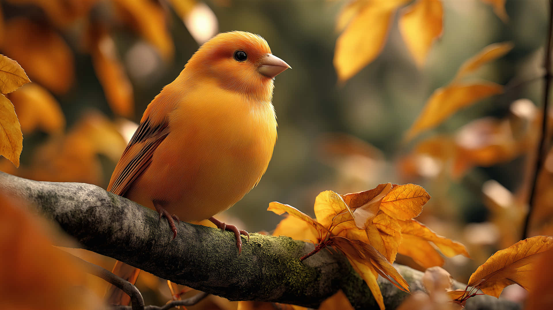 Small Bird on Mossy Branch in Autumn Forest 壁紙 — 一隻鮮豔的橙色鳥棲息在長滿苔蘚的樹枝上，周圍是金色的秋葉。