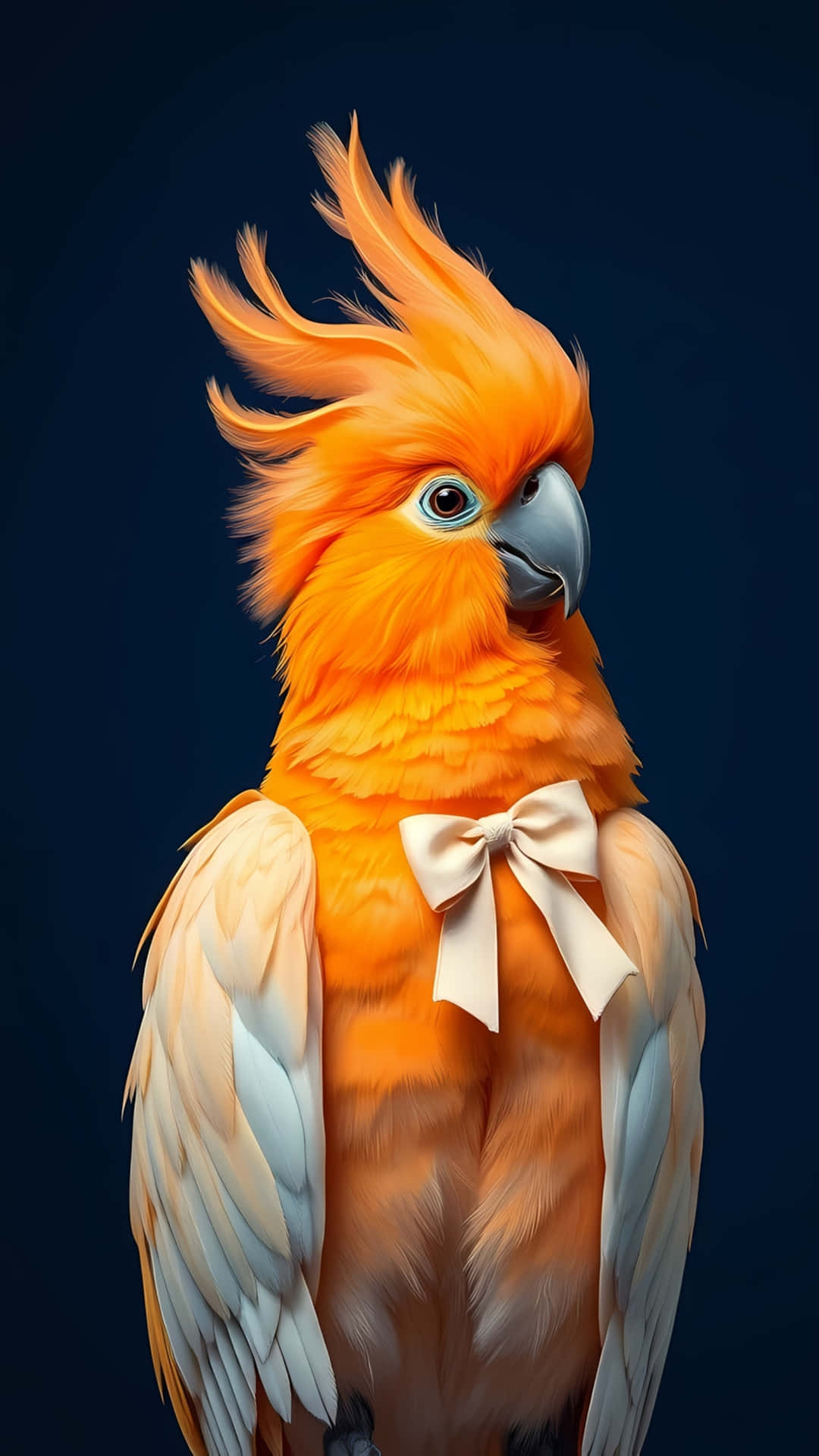 Cute Orange Parrot Portrait on Dark Background 壁紙 — 一隻鮮豔的橙色鳳頭鸚鵡，脖子上繫著白色蝴蝶結，站在深藍色背景前。