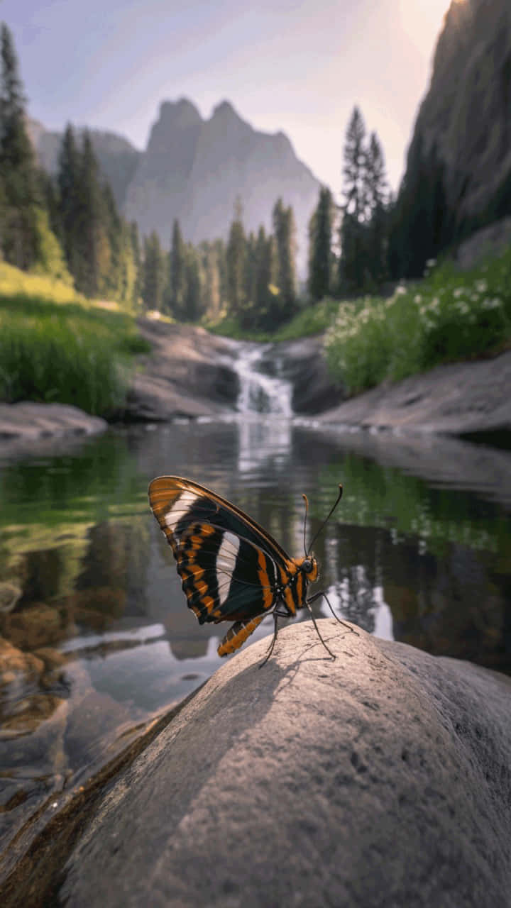 Tranquil mountain waterfall wallpaper with wildflowers and butterfly 壁紙 — 一隻鮮豔的橙黑白色蝴蝶棲息在陽光照耀的岩石上，旁邊是寧靜的山間溪流，背景有瀑布和松樹林。