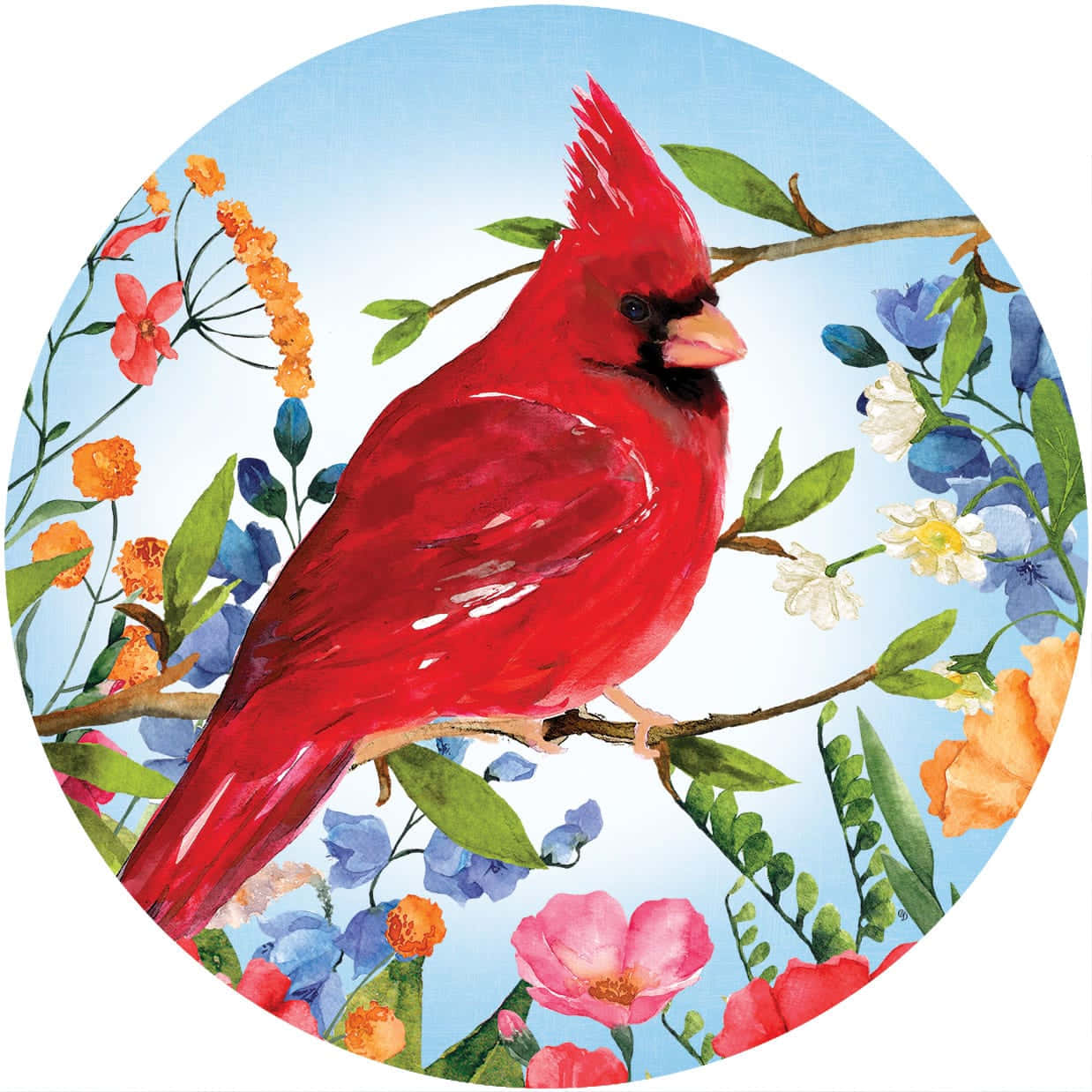 Cardinal 桌布 壁紙 — 一隻鮮豔的紅色主教鳥棲息在樹枝上，周圍環繞著色彩繽紛的春天花朵，背景是柔和的藍天。