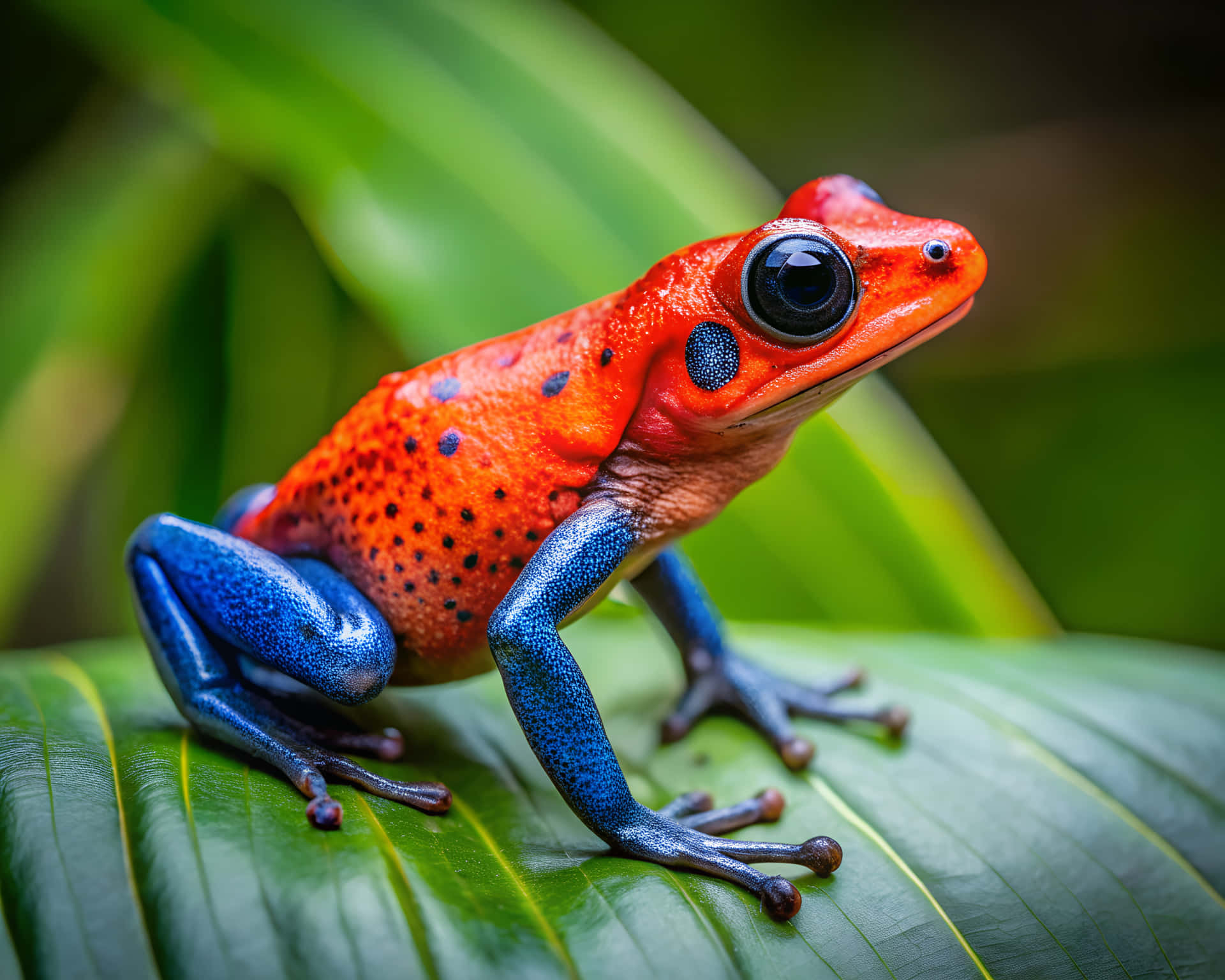 Frog on leaf 壁紙 — 一隻鮮豔的紅藍毒箭蛙帶有黑色斑點，警覺地棲息在光亮的綠葉上。