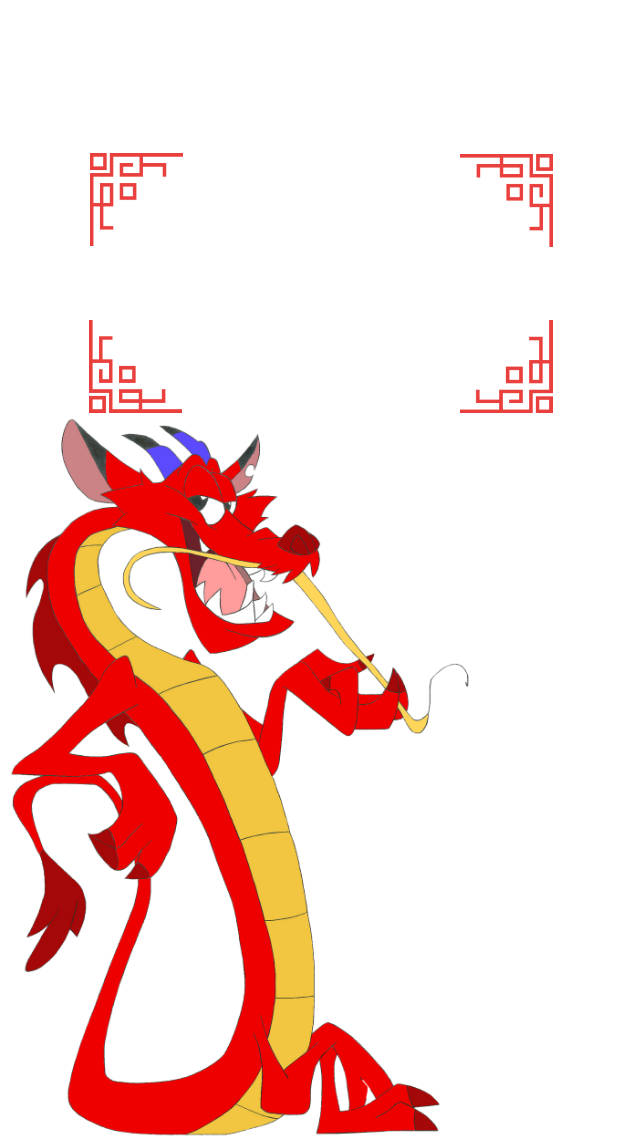 Mulan 桌布 壁紙 — 一隻鮮豔的紅金色卡通龍，長有藍色角，自豪地站在白色背景上，背景飾有紅色傳統角落圖案。