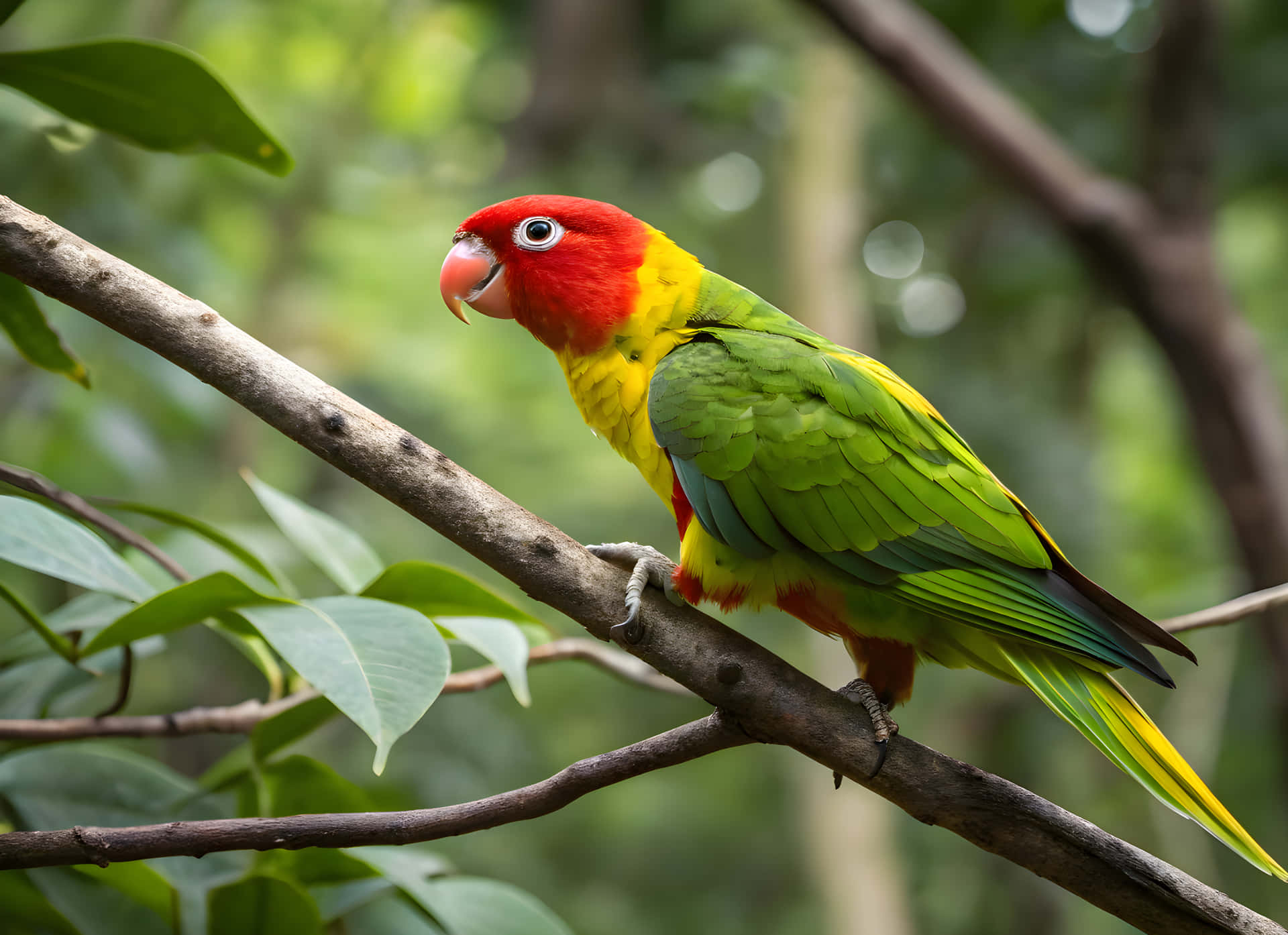 Red and green colour parrot 壁紙 — 一隻鮮豔的紅頭鸚鵡，帶有綠色和黃色的羽毛，棲息在樹枝上，周圍環繞著茂密的樹葉。