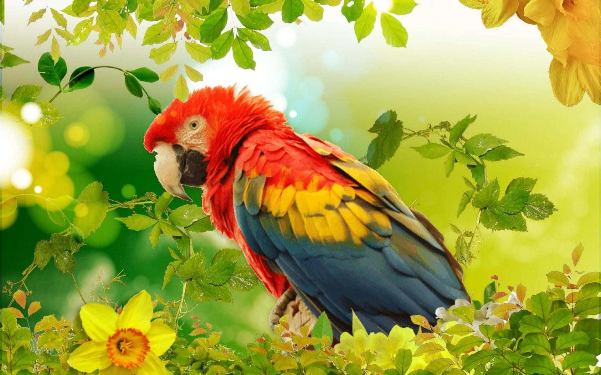 parrot 桌布 壁紙 — 一隻鮮豔的紅黃藍金剛鸚鵡棲息在茂密的綠色樹葉和鮮黃色花朵中，沐浴在柔和的陽光下。