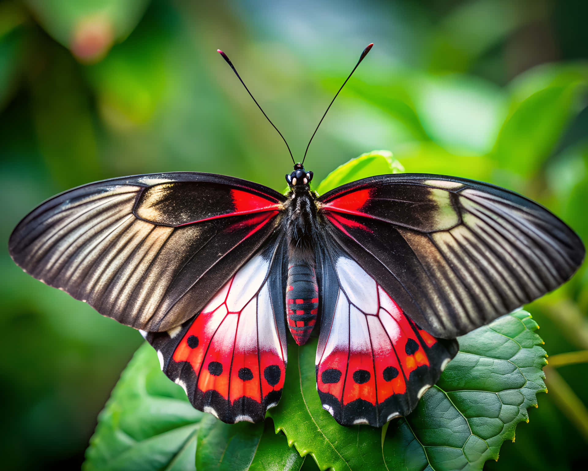 Butterfly on leaf 壁紙 — 一隻鮮豔的紅黑白色蝴蝶，精緻地停在一片茂盛的綠葉上，背景是柔和模糊的樹葉。
