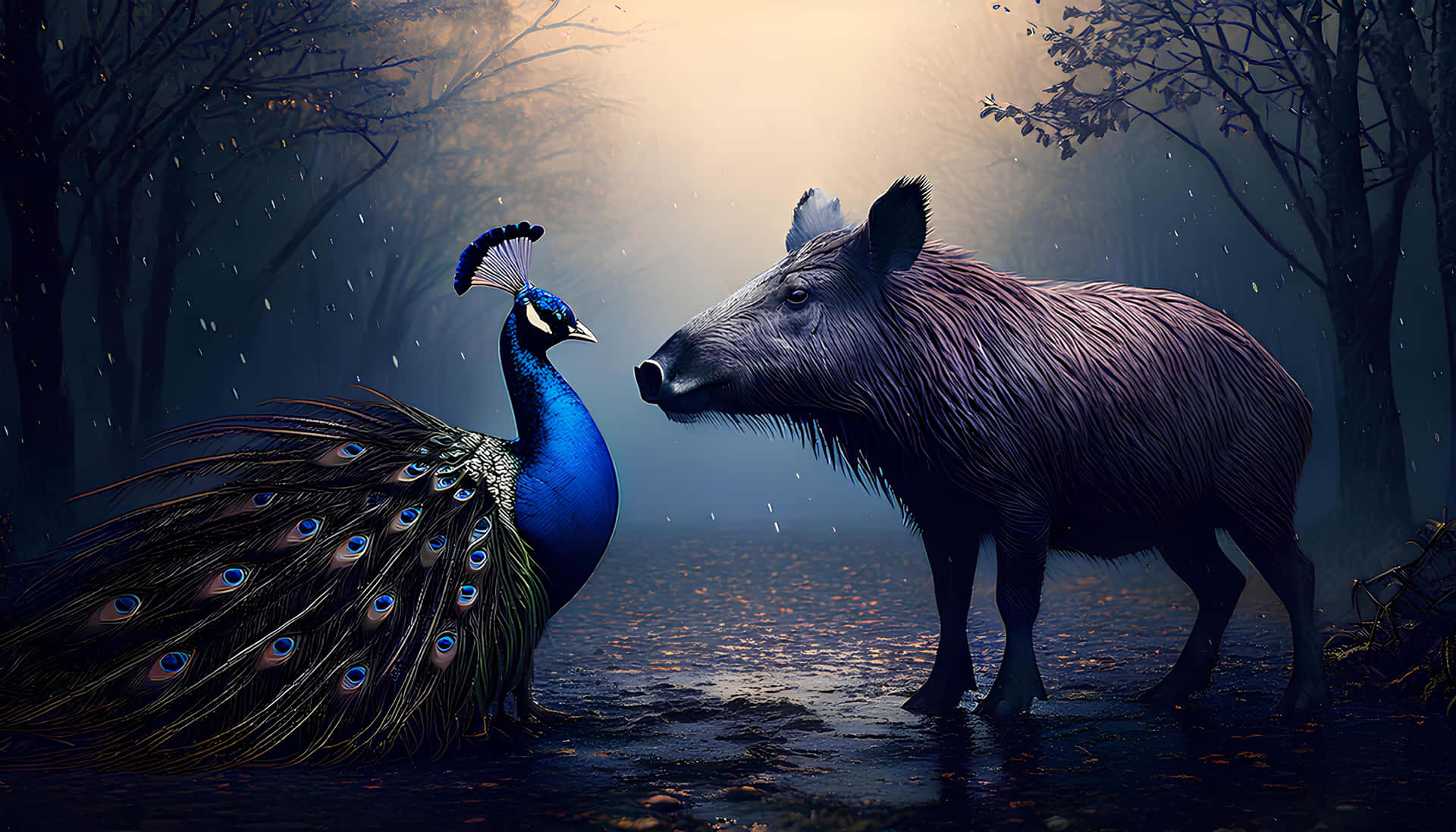 Wild boar and peacock 壁紙 — 一隻鮮豔的藍孔雀在黎明時分的霧氣森林中，面對著一頭黑色的野豬，金色的光線穿過光禿的樹木。