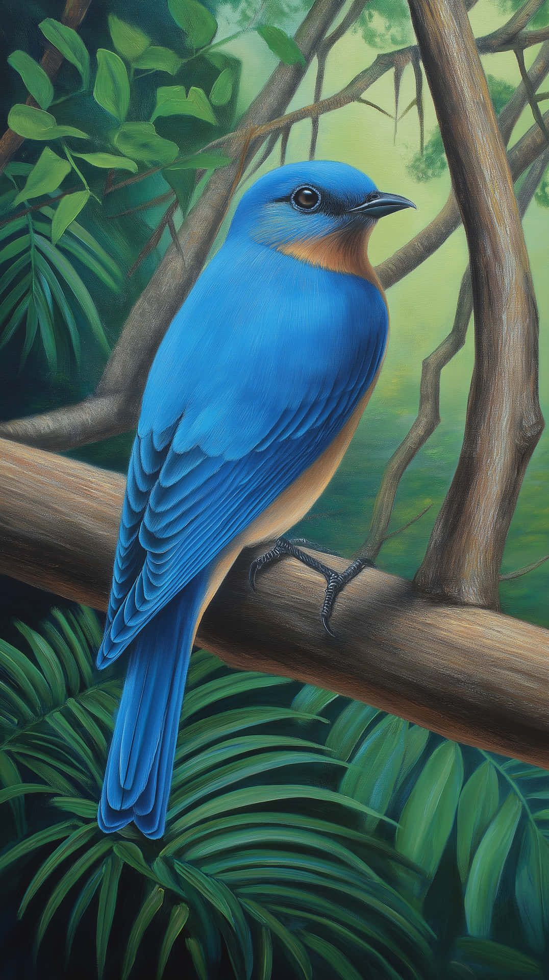 Vibrant Bluebird Perched Amid Lush Green Foliage Illustration 壁紙 — 一隻鮮豔的藍色小鳥，胸部橙色，棲息在樹枝上，周圍是茂密的綠色樹葉。