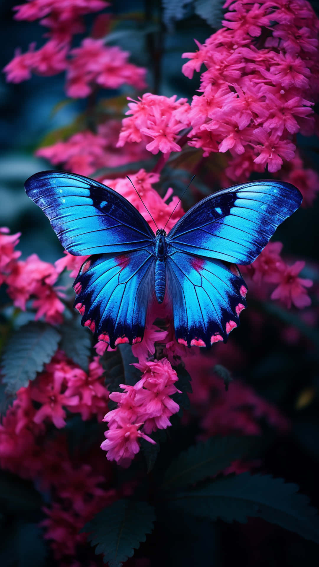 butterfly on a flowers view 壁紙 — 一隻鮮豔的藍色蝴蝶，帶有彩虹色翅膀，輕輕地停在一簇鮮豔的粉紅色花朵上，背景是深綠色的樹葉。