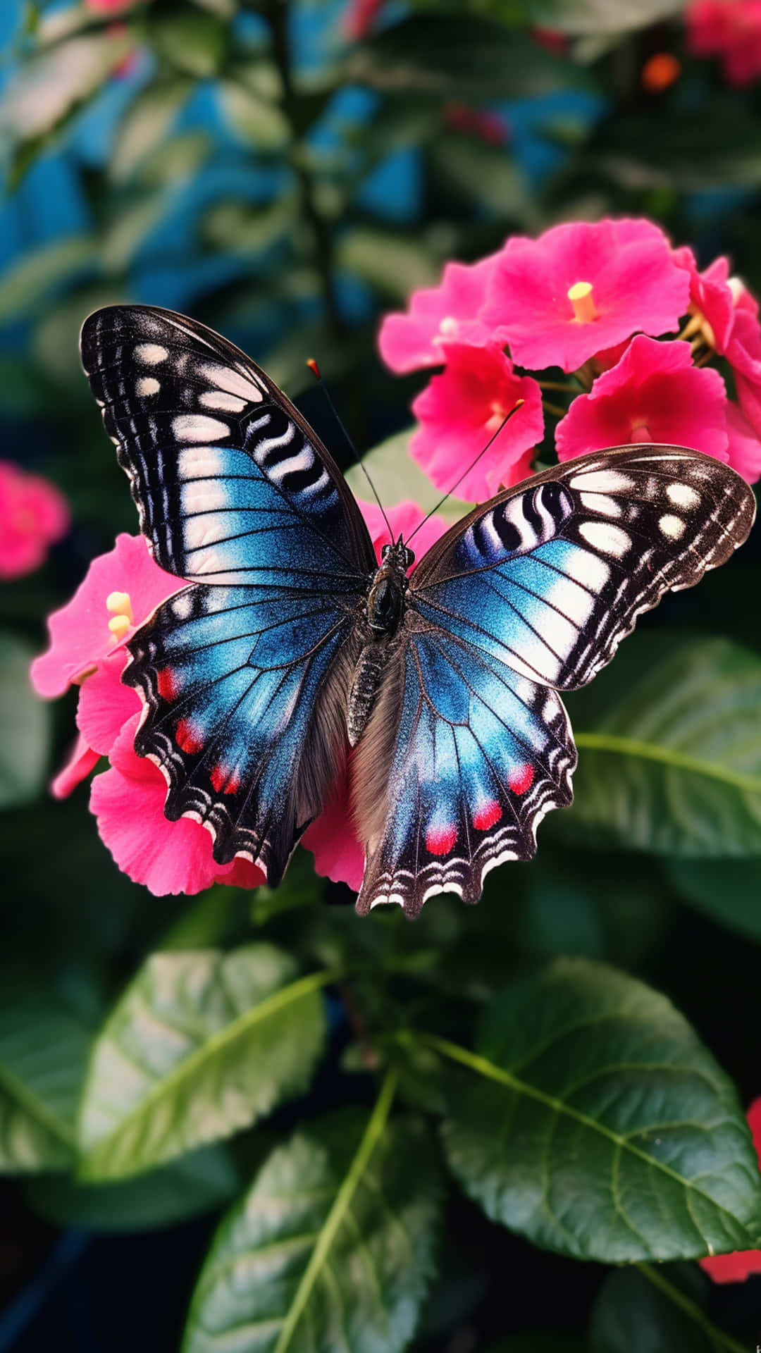 butterfly and flowers 壁紙 — 一隻鮮豔的藍色蝴蝶，帶有黑白條紋翅膀和紅色斑點，輕輕地停在鮮粉紅色的花朵上，周圍是茂密的綠葉。