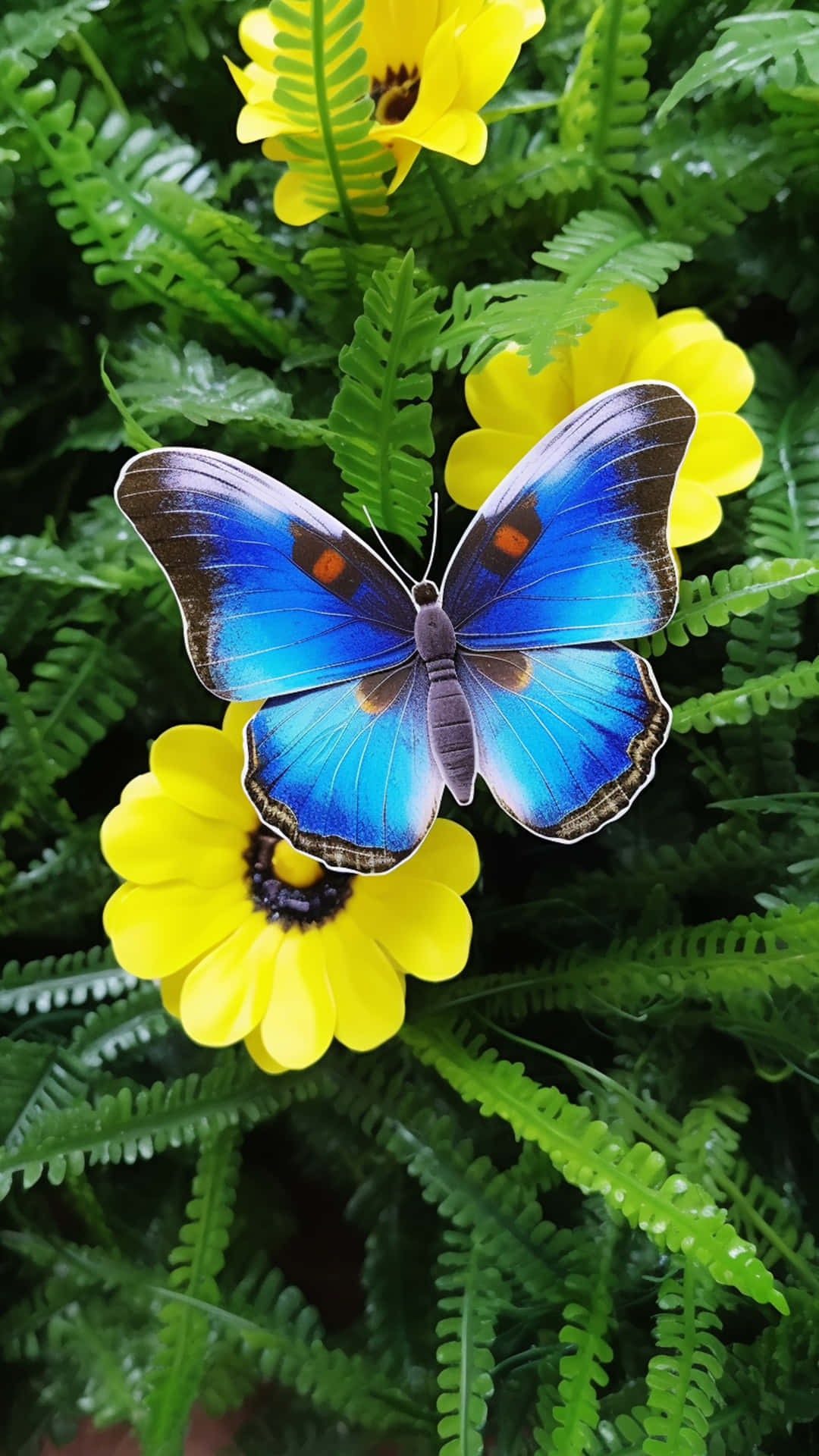butterfly and flowers view 壁紙 — 一隻鮮豔的藍色蝴蝶帶有橙色斑點，輕輕停在一朵明亮的黃色花朵上，周圍是茂密的綠色蕨類植物。