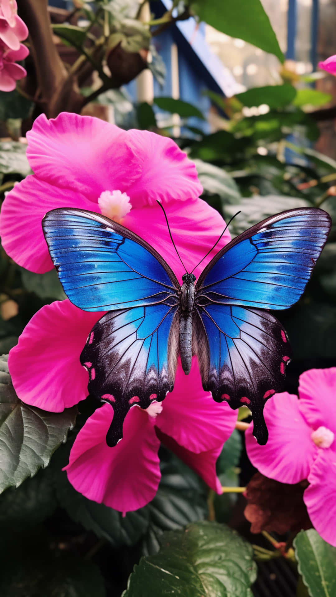 butterfly on a flowers viewes 壁紙 — 一隻鮮豔的藍色閃蝶，帶有彩虹色的翅膀，輕輕停在一朵亮粉色的木槿花上，周圍環繞著茂盛的綠葉。