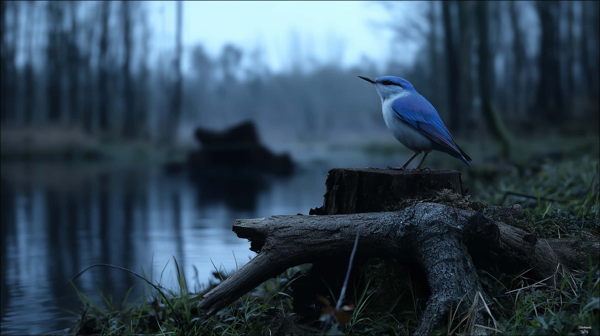 Solitary Blue Bird on Tree Stump by Misty Forest Lake 壁紙 — 一隻鮮豔的藍鳥棲息在長滿苔蘚的樹樁上，旁邊是黎明時分霧氣瀰漫的森林池塘。