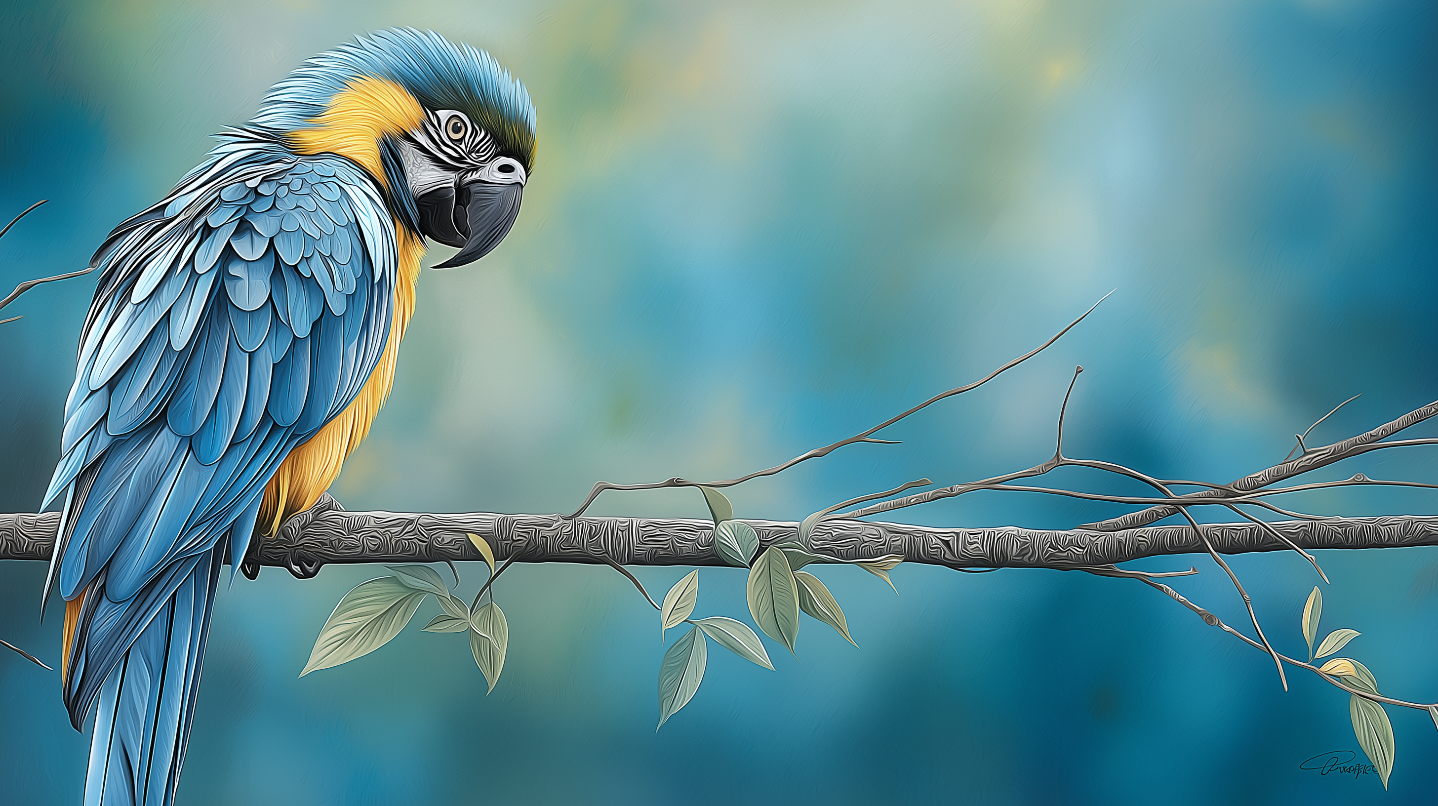 Macaw 桌布 壁紙 — 一隻鮮豔的藍黃金剛鸚鵡優雅地棲息在一根有紋理的樹枝上，背景是柔和的藍綠色模糊效果。