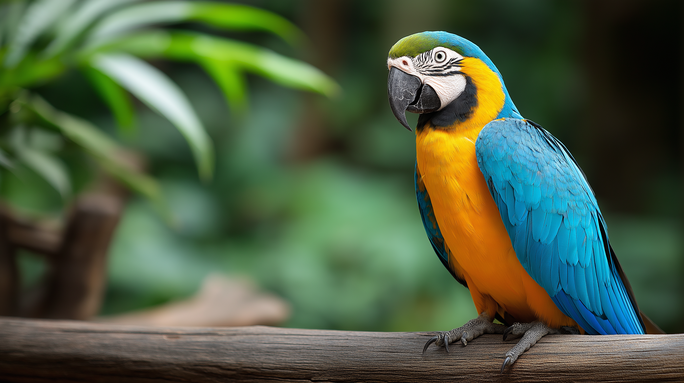 Macaw 桌布 壁紙 — 一隻鮮豔的藍黃金剛鸚鵡警覺地棲息在風化的木枝上，周圍是茂密的綠色樹葉。