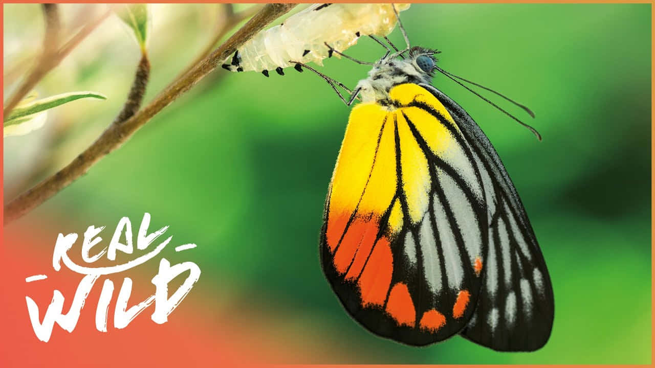 Real Butterfly 桌布 壁紙 — 一隻鮮豔的黃橙色和黑色蝴蝶從嫩枝上的蛹中羽化，背景是柔和的綠色。