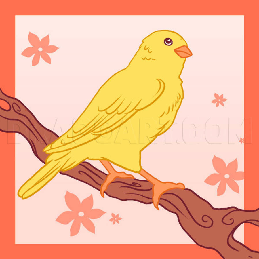Yellow Bird 桌布 壁紙 — 一隻鮮黃色卡通鳥棲息在棕色樹枝上，周圍環繞著柔和的粉紅色花朵，背景為粉彩色。