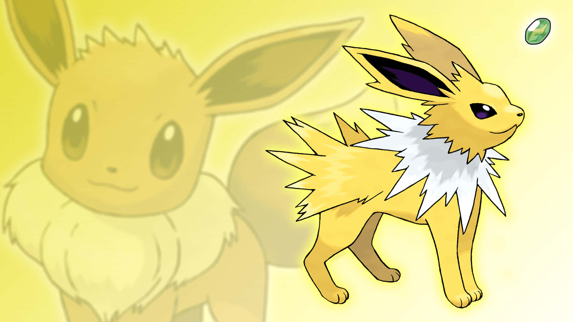 Cute Eevee 桌布 壁紙 — 一隻鮮黃色的雷伊布警覺地站著，帶有白色閃電形狀的毛髮，身後有一隻模糊的伊布，附近還漂浮著一個精靈球。