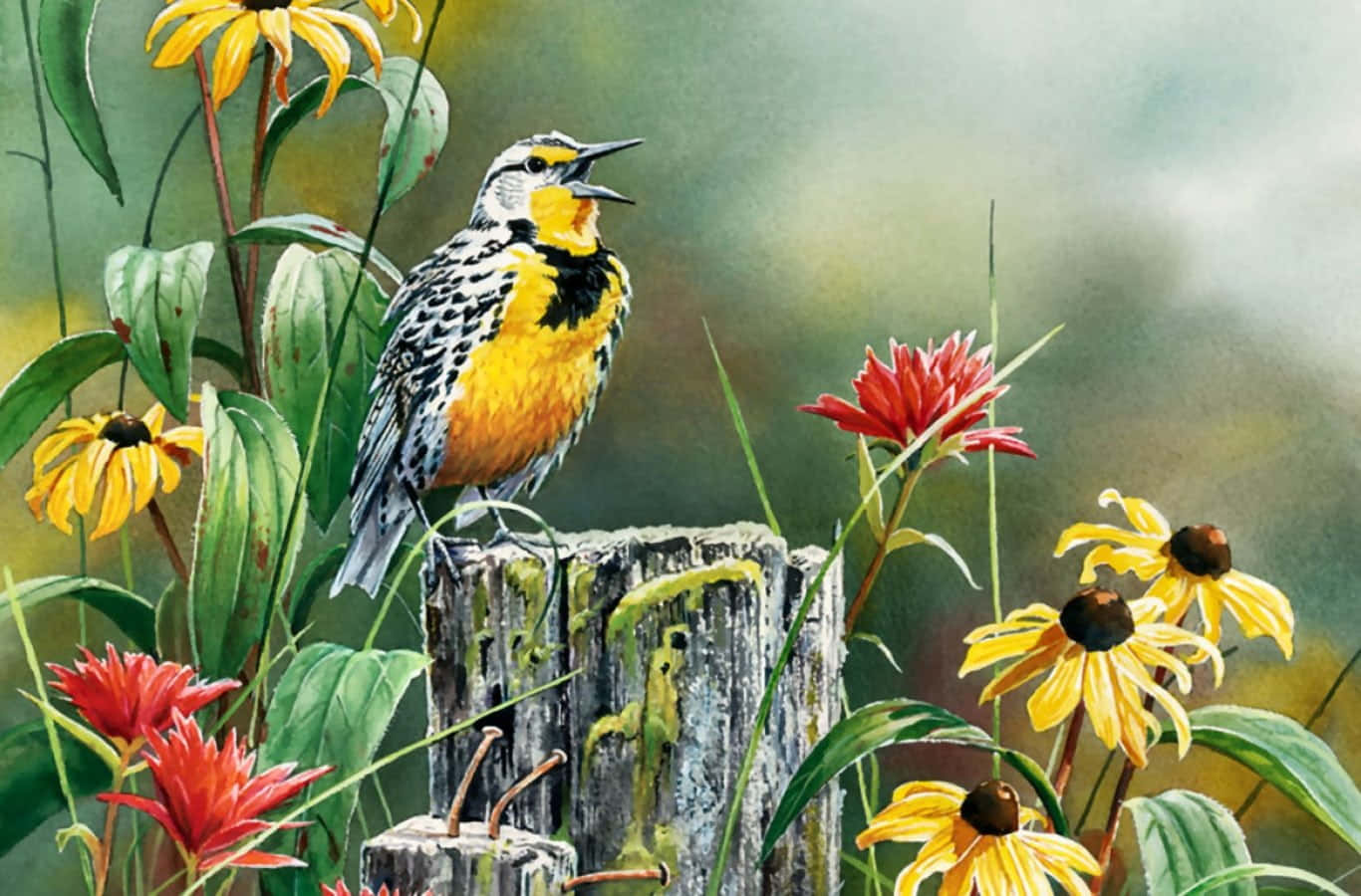 Birds Chirping 桌布 壁紙 — 一隻鮮黃色的鳥棲息在長滿苔蘚的木樁上，周圍是茂盛花園中的紅色和黃色野花。