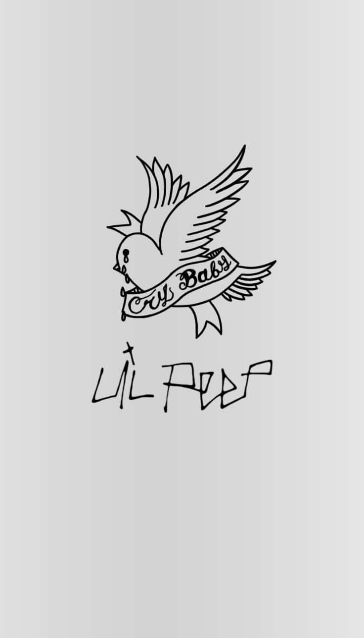  壁紙 — 一隻鳥拿著寫有Cry Baby的橫幅，下方有Lil Peep簽名的極簡黑色線條畫。
