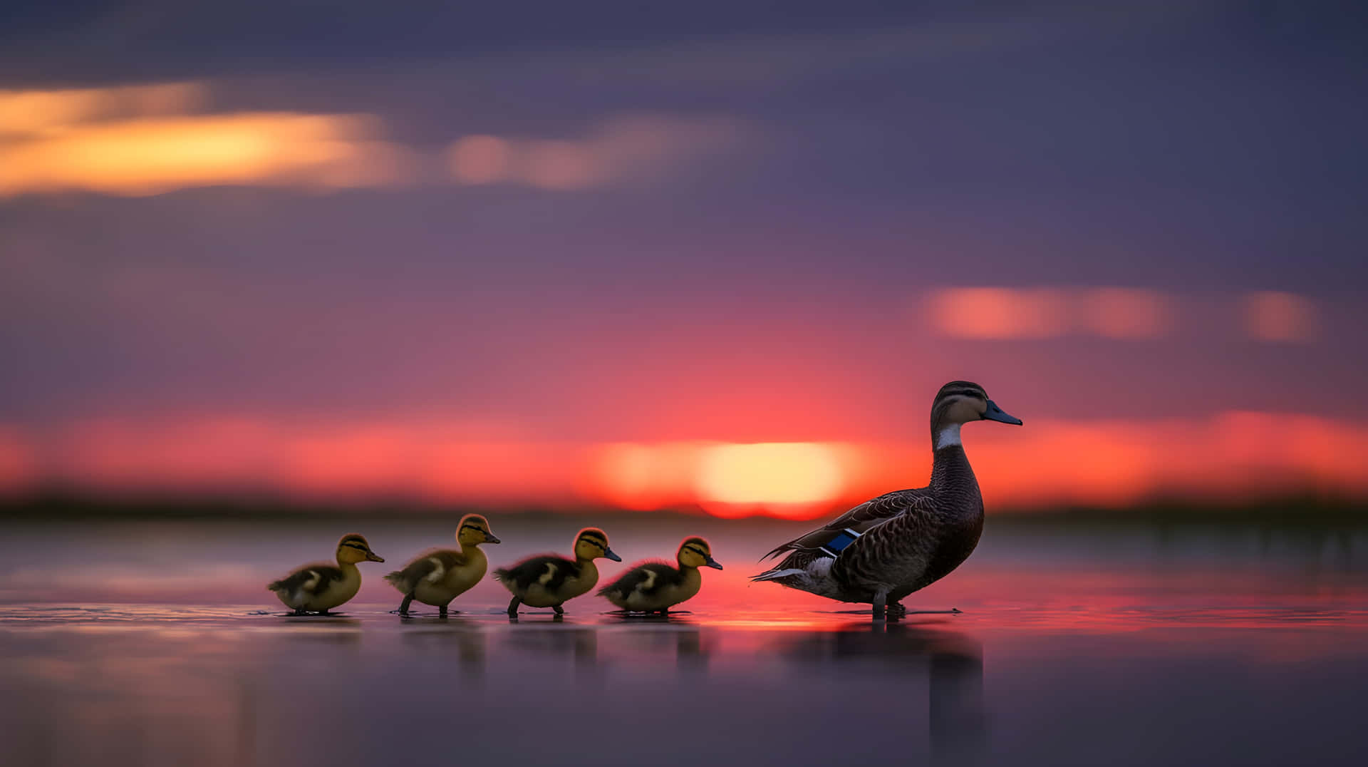 Cinematic Silhouette of Duck and Ducklings at Sunset with Vibrant Sky 壁紙 — 一隻鴨媽媽和她的四隻小鴨在日落時分，在充滿活力的橙色和紫色天空下，排成一列走過平靜的水面。