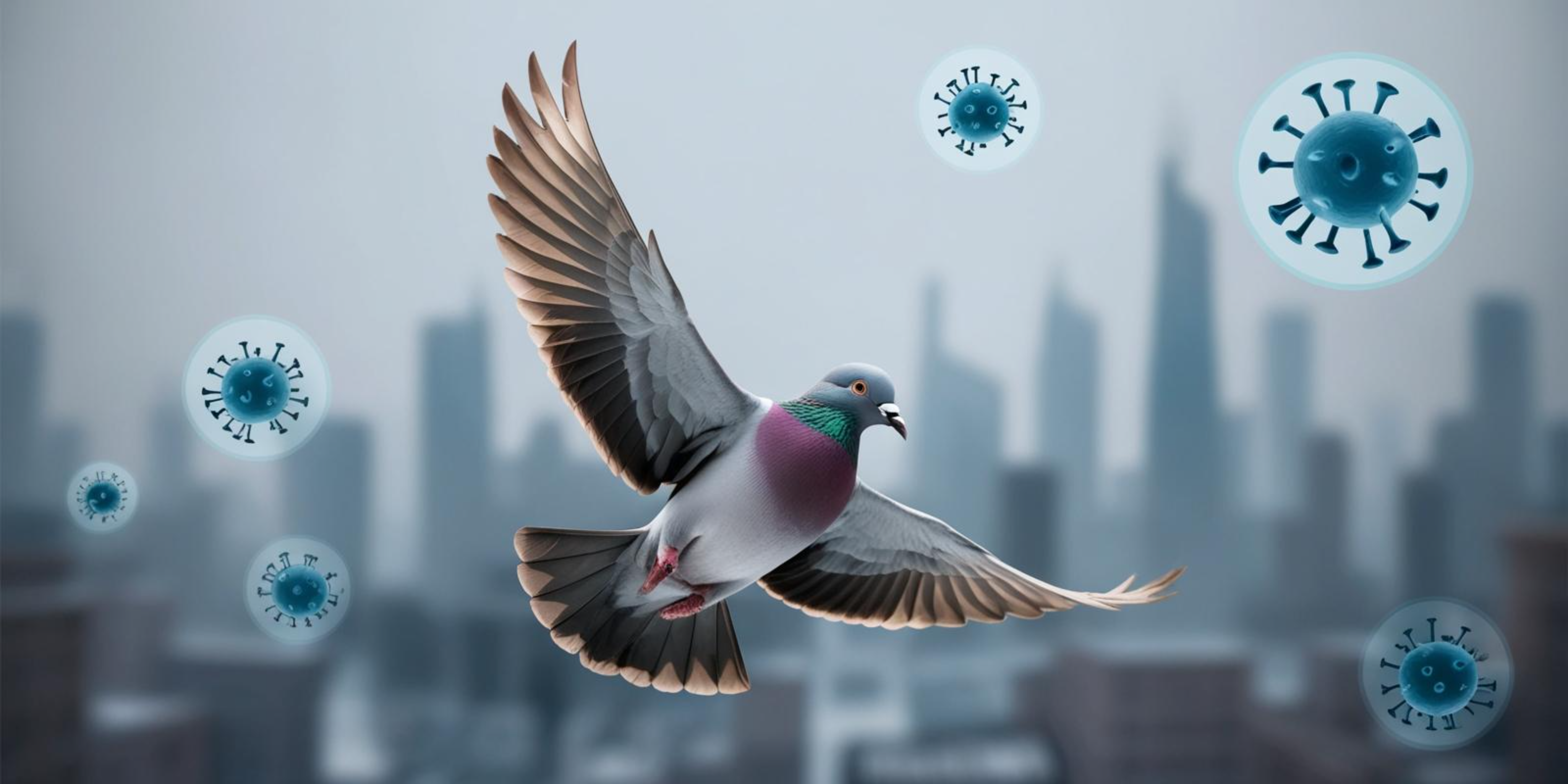Virus 桌布 壁紙 — 一隻鴿子在朦朧的城市景觀中翱翔，發光的藍色病毒粒子漂浮在它周圍。