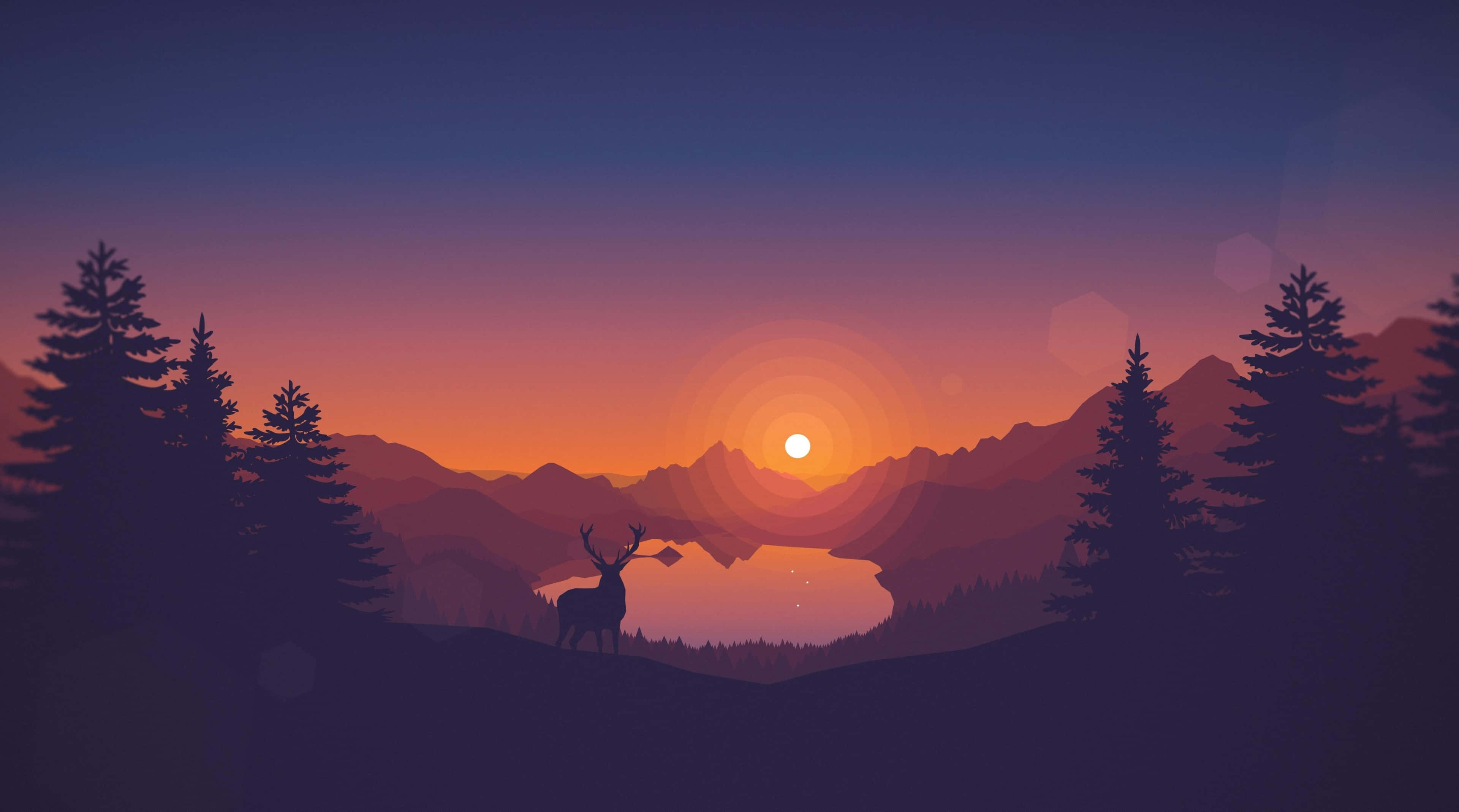 Cool Desktop 桌布 壁紙 — 一隻鹿在日落時分以剪影姿態站在山丘上，俯瞰著一個被山脈和松樹環繞的湖泊，天空呈現漸變色彩。