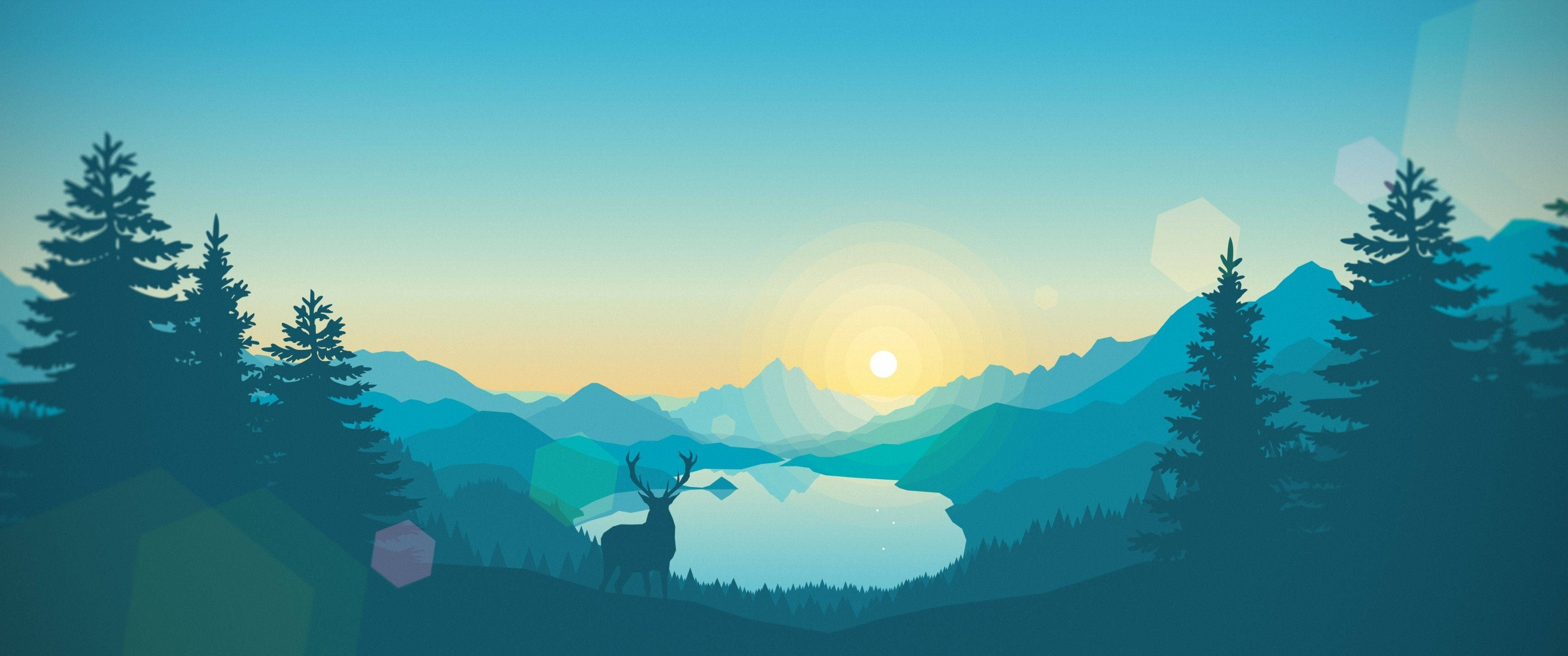 藍色 桌布 壁紙 — 一隻鹿在日落時分寧靜地站在湖邊，被松樹和層層山脈框住，天空呈現漸變色。