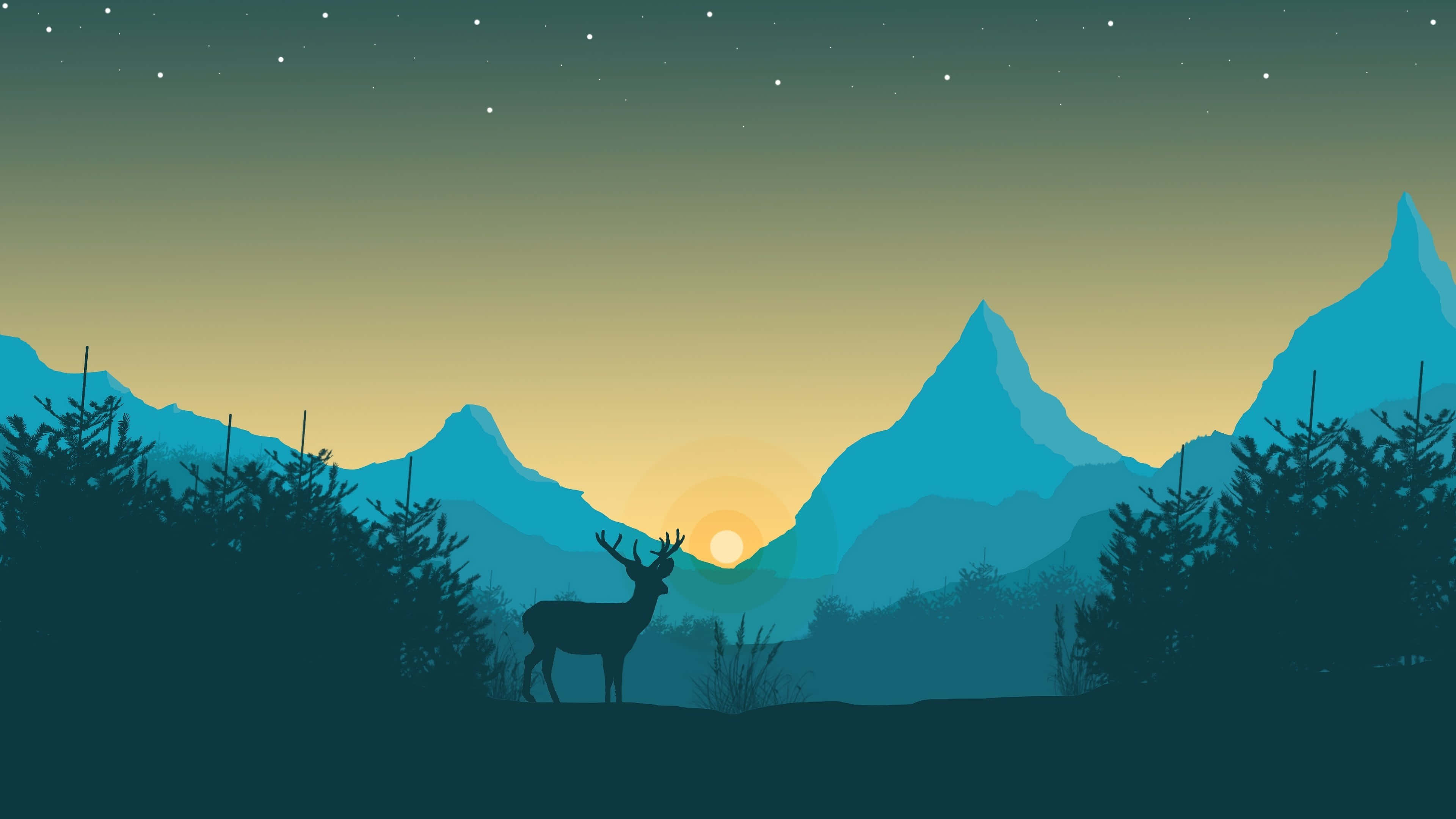 Minimalist Animal 桌布 壁紙 — 一隻鹿的剪影站在日落時分的山脈前，暮色天空中星星開始浮現。