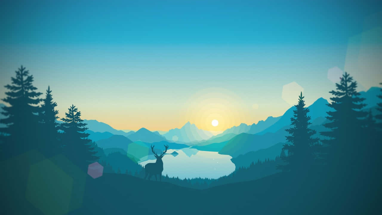 720p 桌布 壁紙 — 一隻鹿的寧靜剪影站在日出時平靜的湖邊，背景是層層疊疊的山脈和松樹，天空呈現漸變色。
