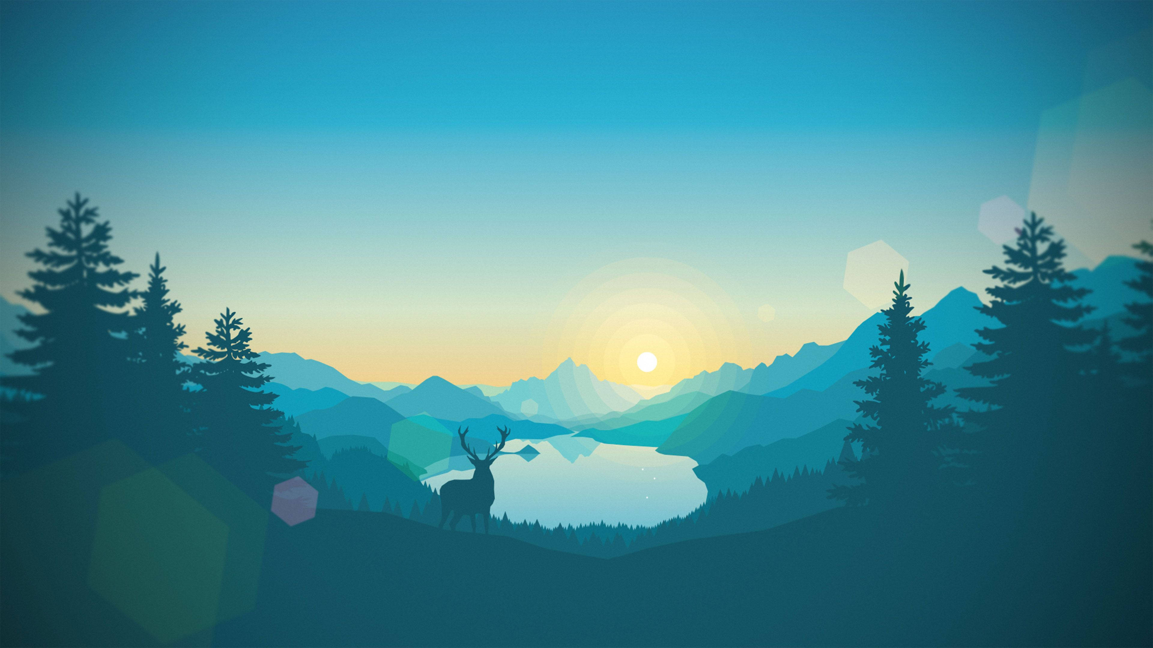 4K 桌布 壁紙 — 一隻鹿的寧靜剪影站在湖邊，日出時分，層疊的山巒和松樹在漸變的天空下。