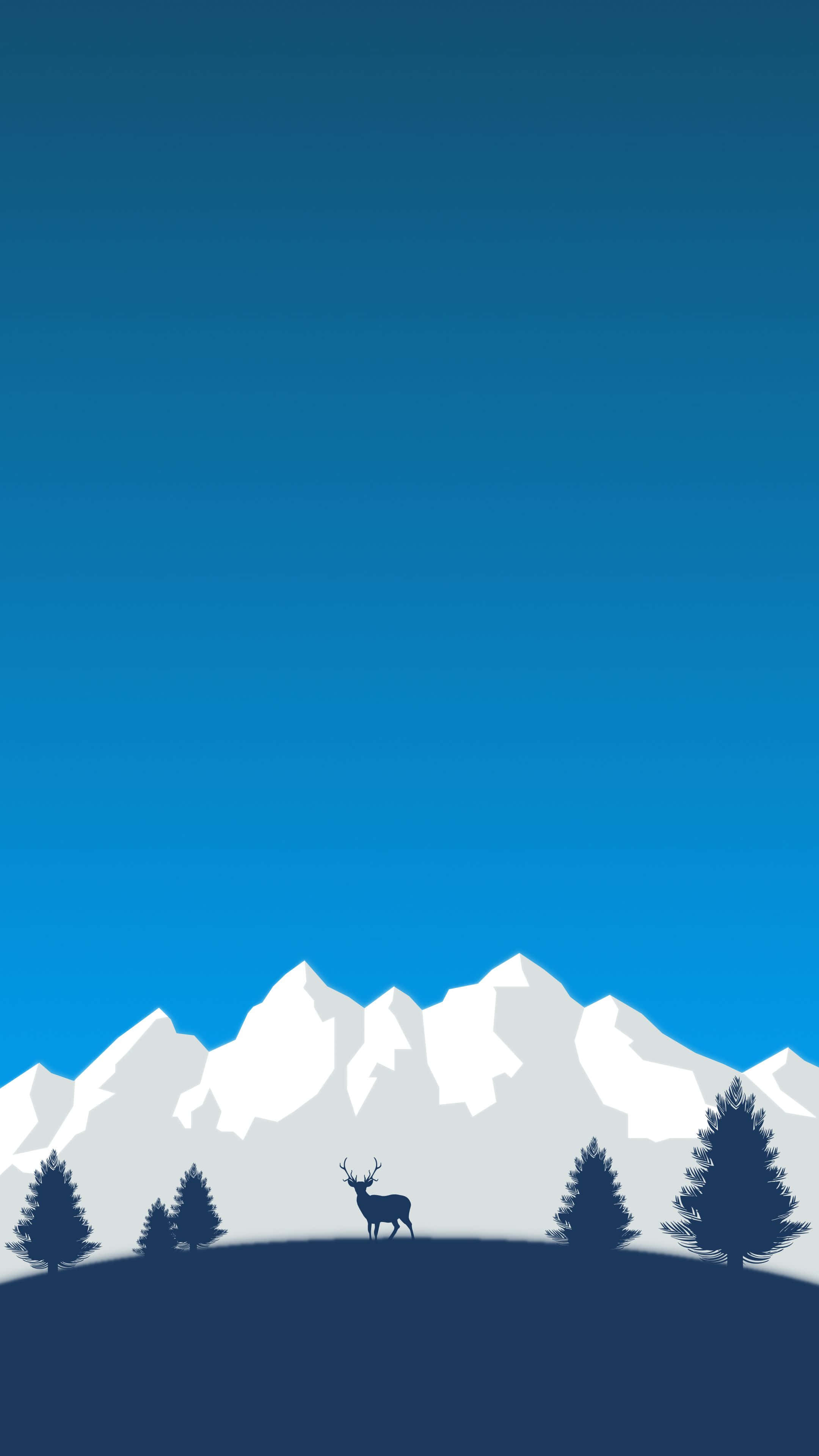 手機 桌布 壁紙 — 一隻鹿的極簡剪影站在山丘上，背景是積雪的山脈和漸變藍色的天空。