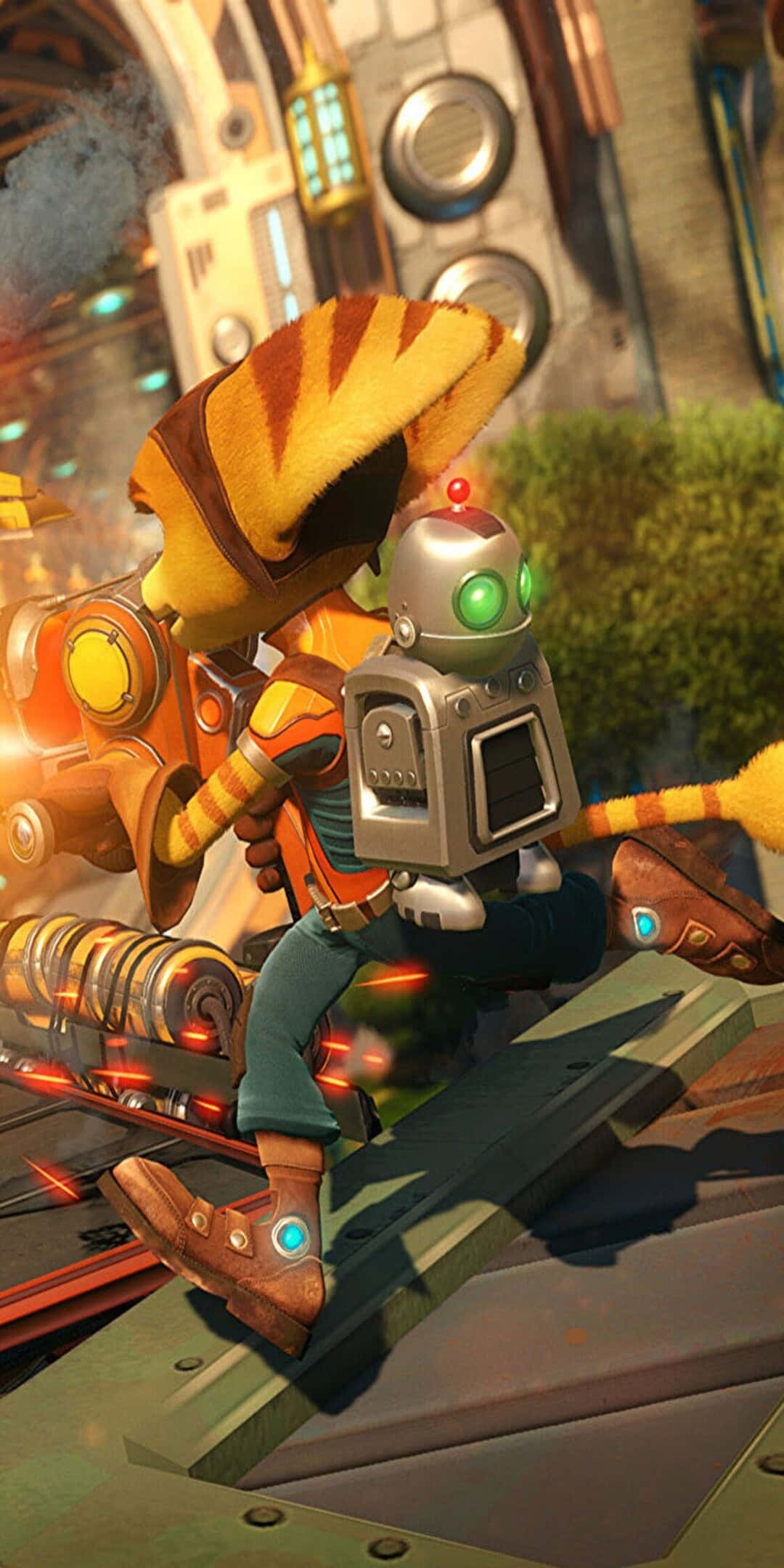 Pixel 3 Ashes Of The Singularity 桌布 壁紙 — 一隻黃毛擬人化袋狸與機器人同伴在充滿活力的科幻場景中跳過未來風格的金屬平台。
