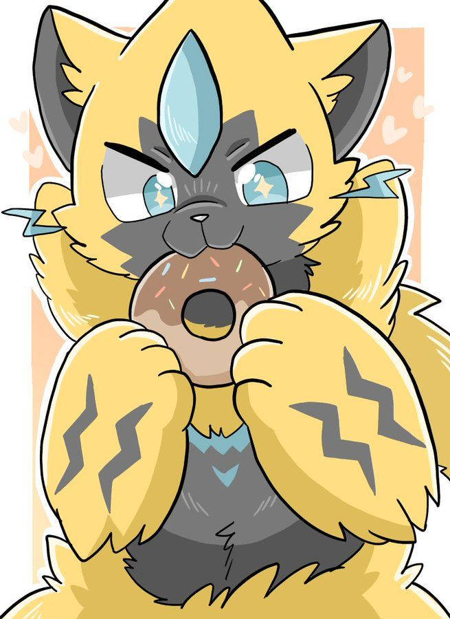 Zeraora 桌布 壁紙 — 一隻黃毛藍眼的卡通貓憤怒地咬著一個巧克力糖霜甜甜圈，頭周圍有閃電。