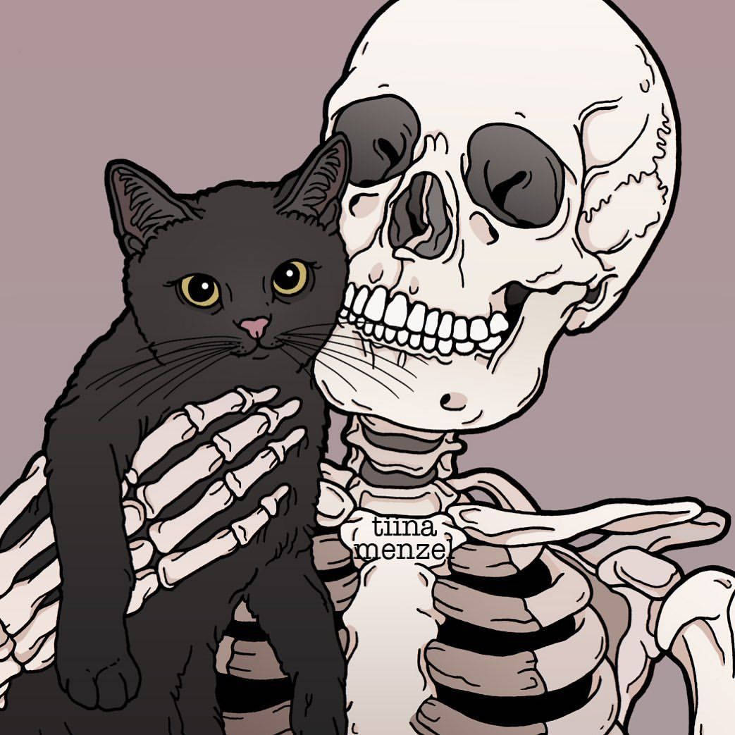 Cute Skeleton 桌布 壁紙 — 一隻黃眼睛的黑貓被一個微笑的骷髏輕輕抱著，背景是柔和的紫色。