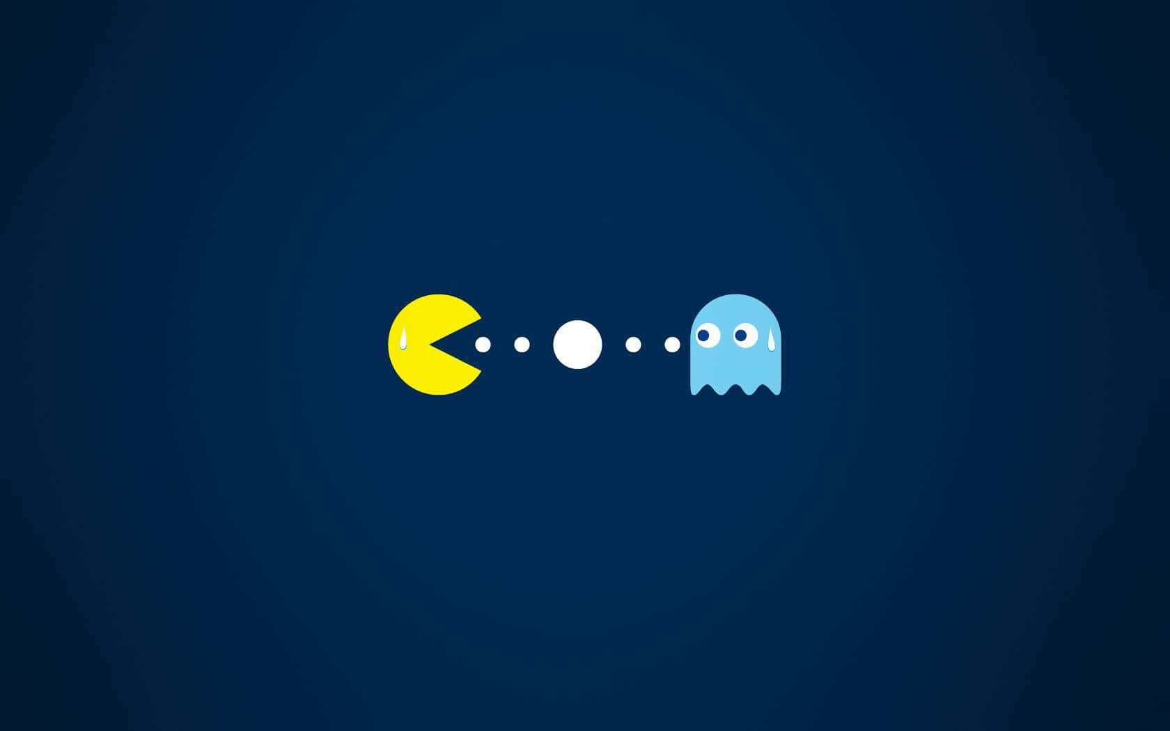 Pacman 桌布 壁紙 — 一隻黃色 Pac-Man 在深藍色漸層背景上追逐一隻藍色鬼魂，背景有白色點點。