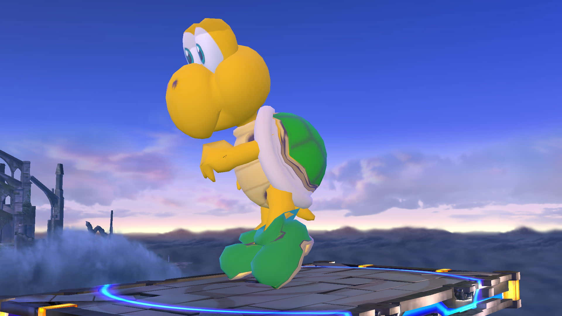 Koopa Troopa 桌布 壁紙 — 一隻黃色Koopa Troopa站在發光平台上，背景是暮色天空和廢墟。