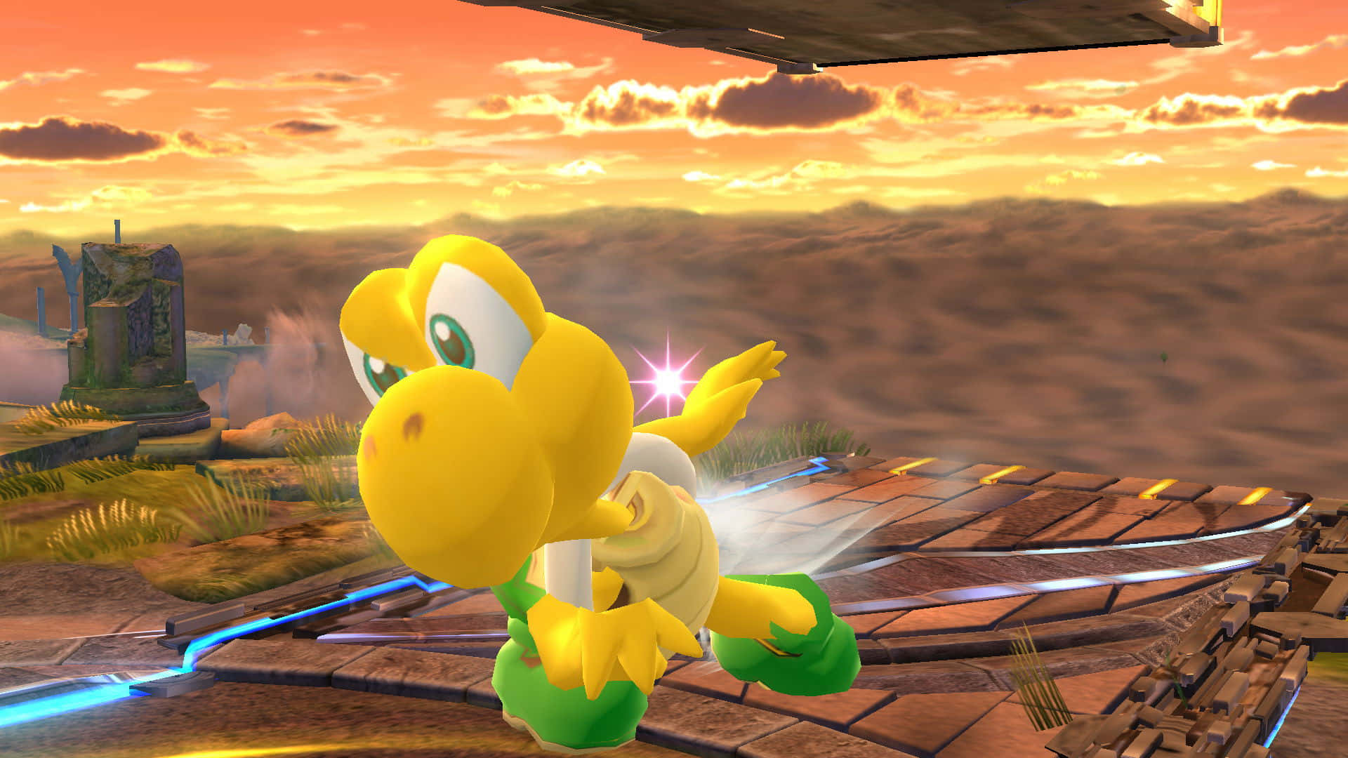 Koopa Troopa 桌布 壁紙 — 一隻黃色Yoshi在日落時分跑過石頭平台，身後留下發光的能量痕跡，遠處有一座城堡。