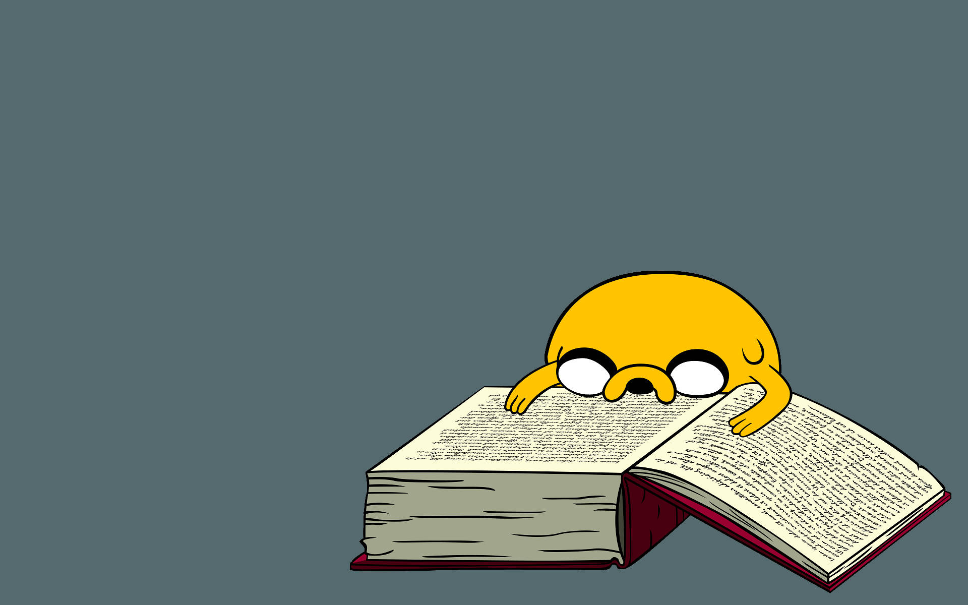 adventure 桌布 壁紙 — 一隻黃色卡通大眼狗將頭擱在一本打開的書上，背景是柔和的青綠色。